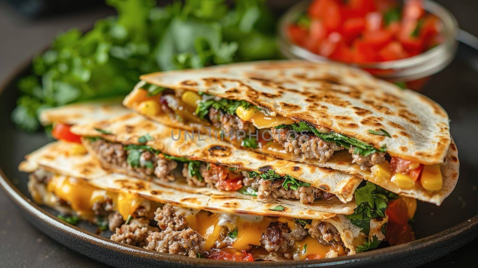 A plate displays neatly arranged stacked quesadillas, showcasing a delicious combination of ingredients and flavors