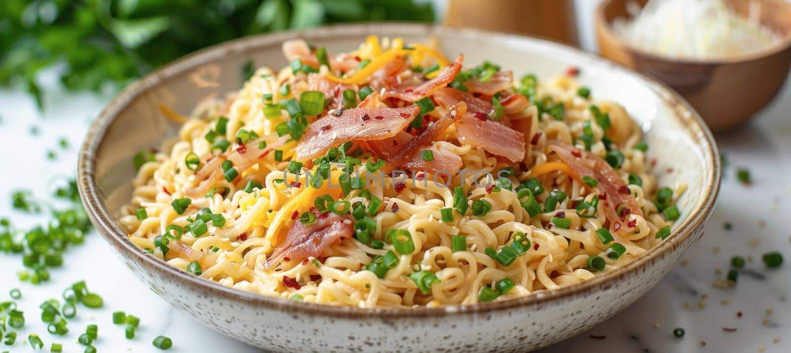 A tantalizing combination of bacon, cheese, and noodles in a bowl, ready to be enjoyed on the dining table