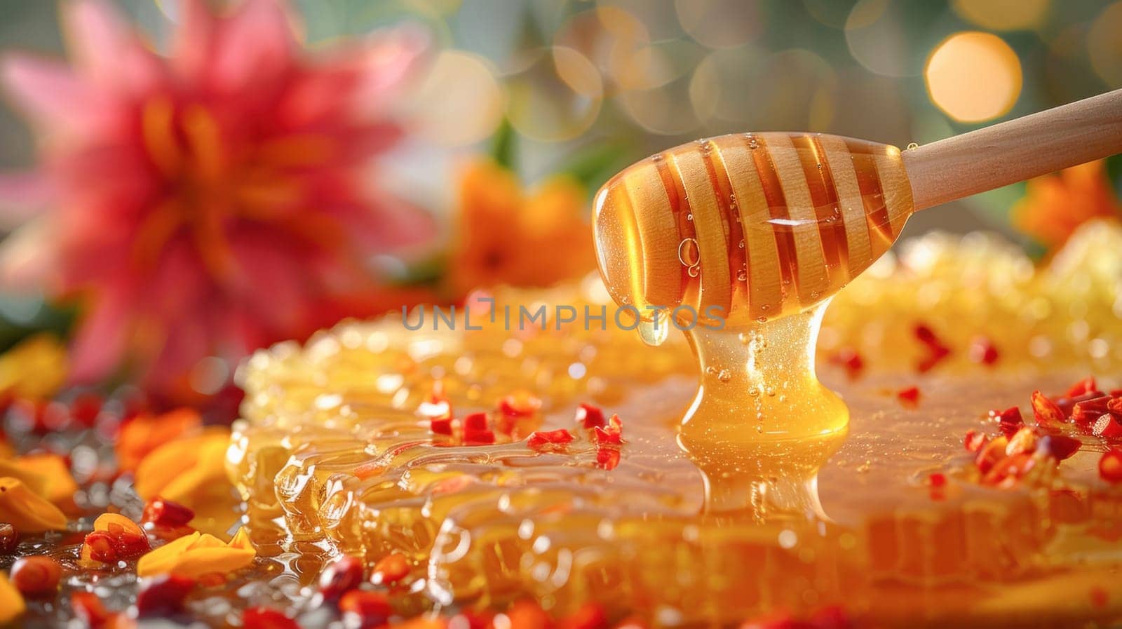 A honey dipper adding honey to a honeycomb perfectly captures this sweet moment with beauty and elegance