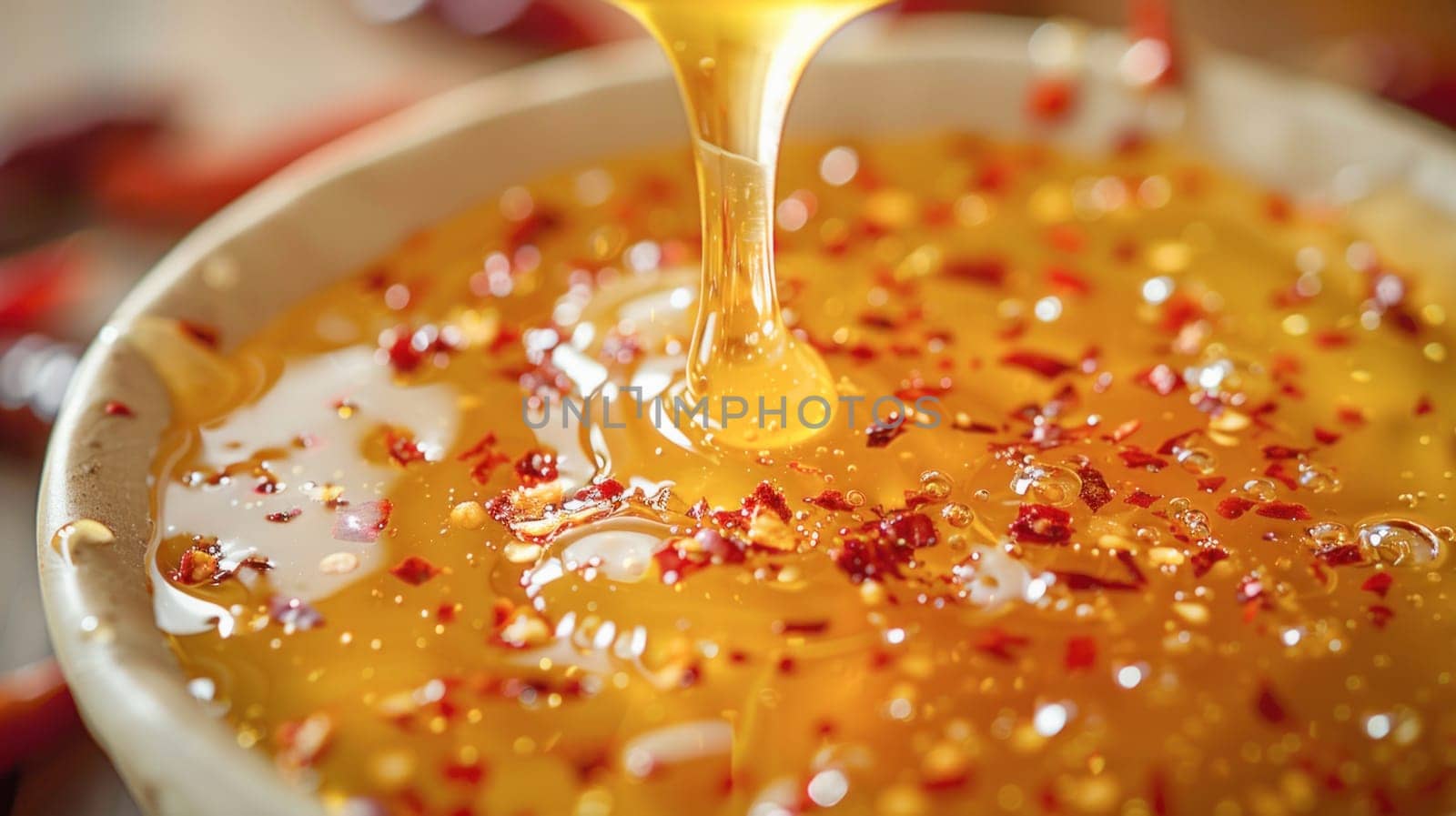 A stream of honey delicately merges with chili sauce in a dish on a table, enhancing the taste profile