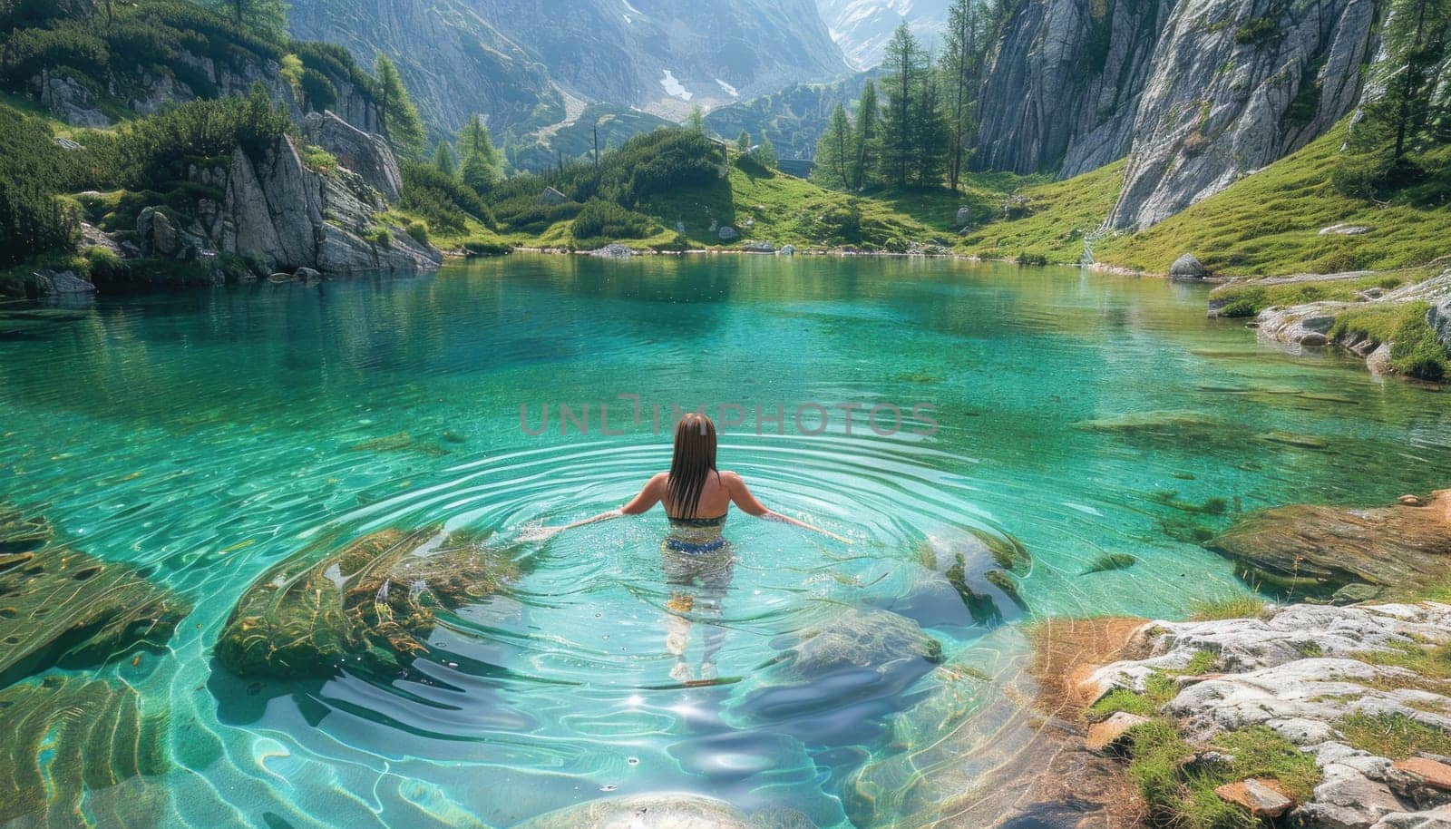 A woman swims in a tranquil mountain lake, surrounded by the serene natural world, immersed in the beauty of nature