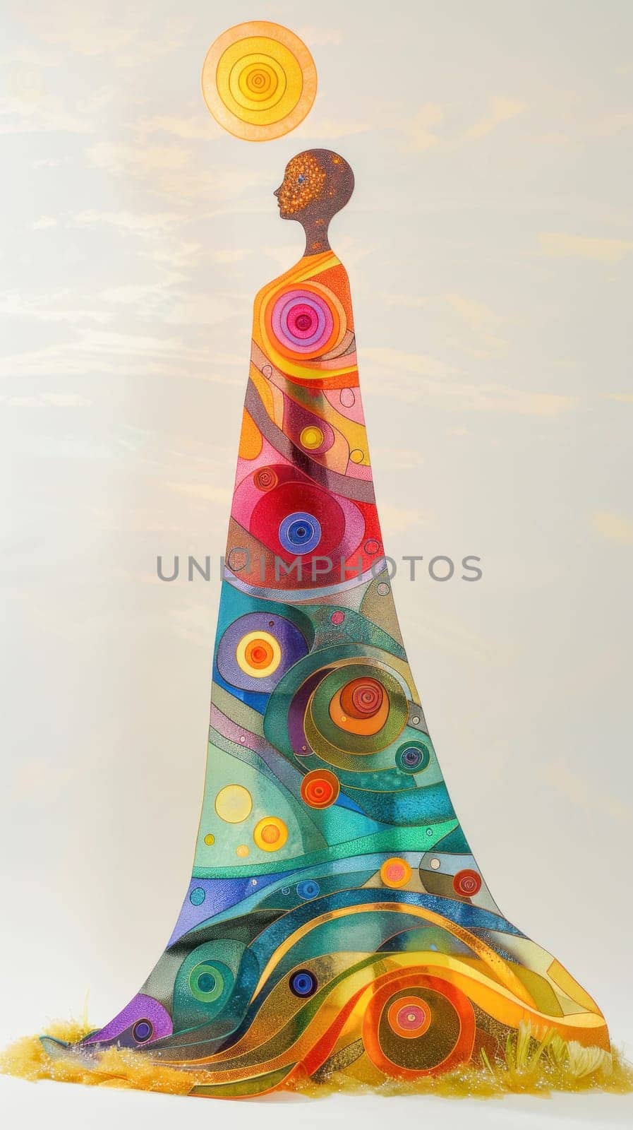 The artwork depicts a woman wearing a colorful dress inspired by fashion, art, and Christmas decorations