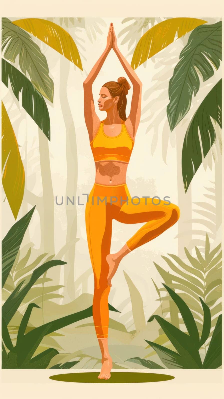 A woman displays a yoga pose in a lush jungle, surrounded by vibrant greenery, showcasing grace and tranquility