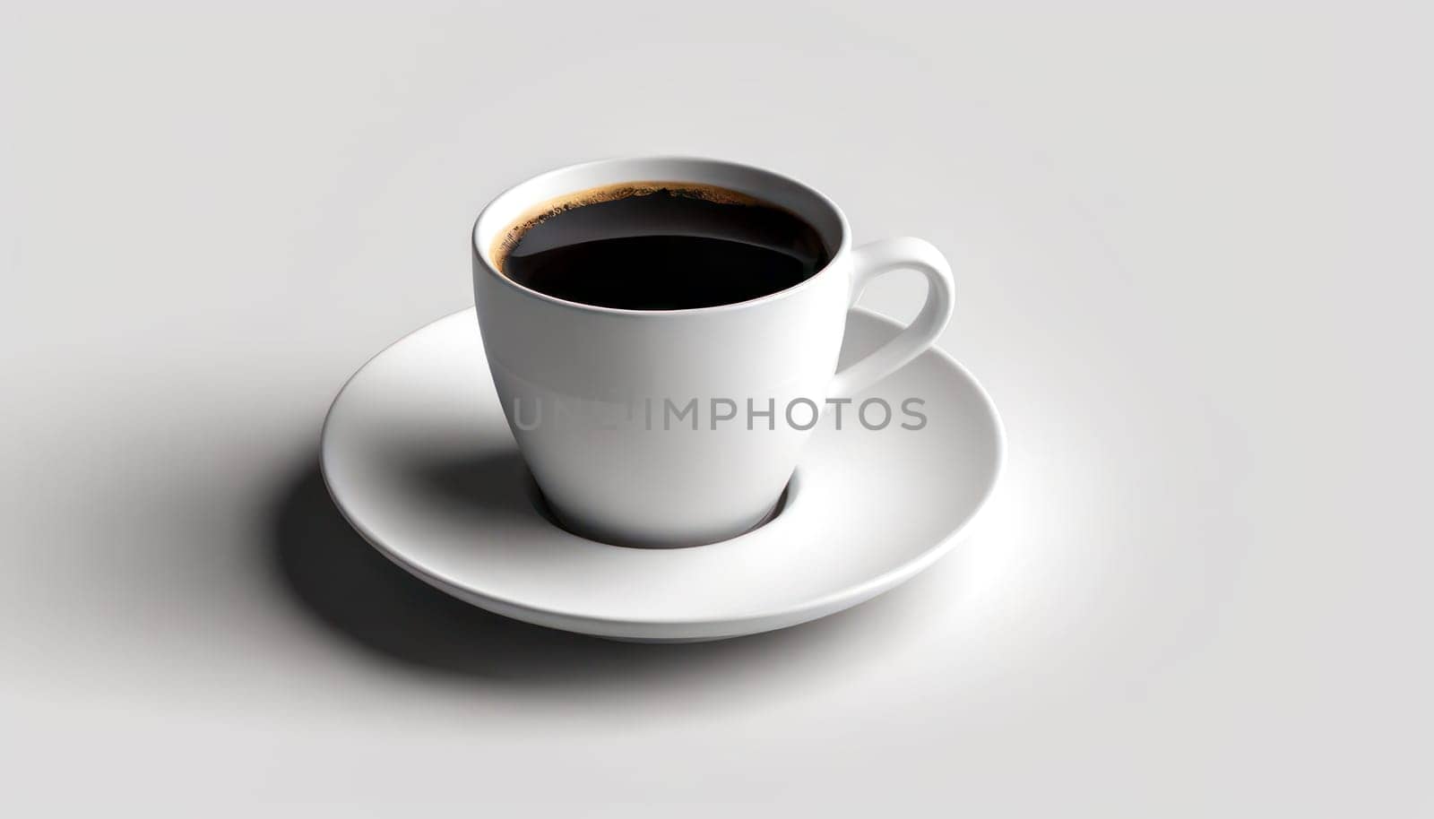 A hot cup of coffee on a saucer, set against a white background, casting a subtle shadow