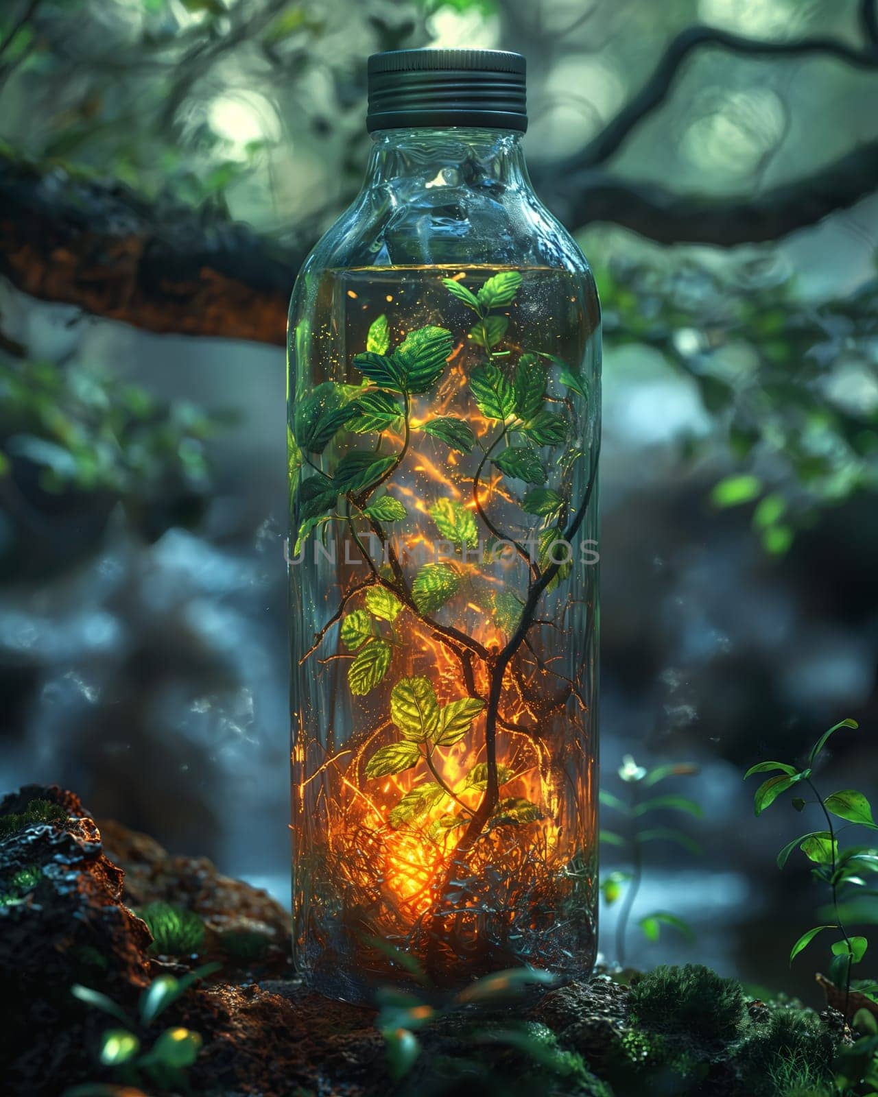 Tree branch growing in a glass jar, nature trapped. Selective focus