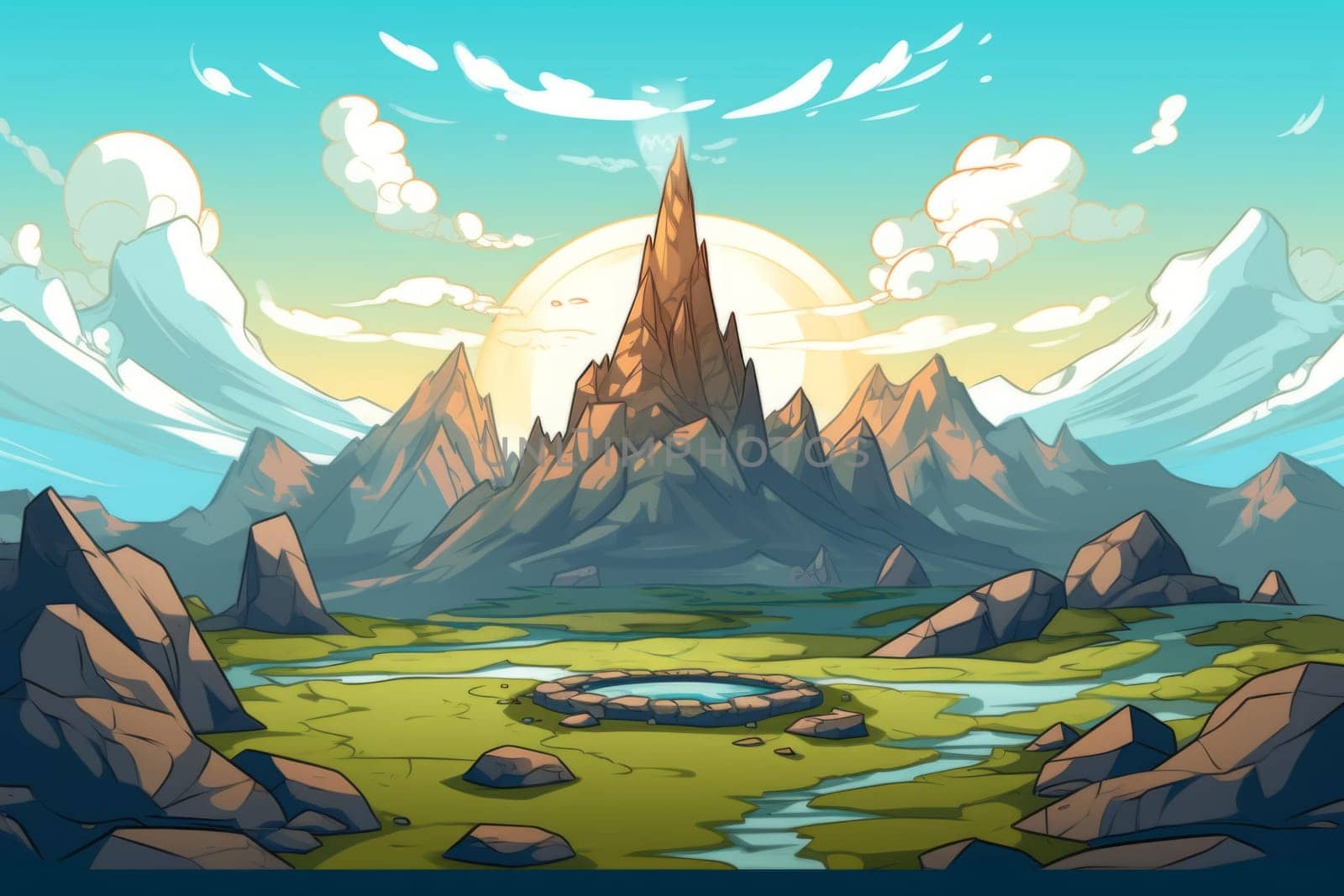 Mountains and river, grass and sky. Cartoon style. Generated AI.