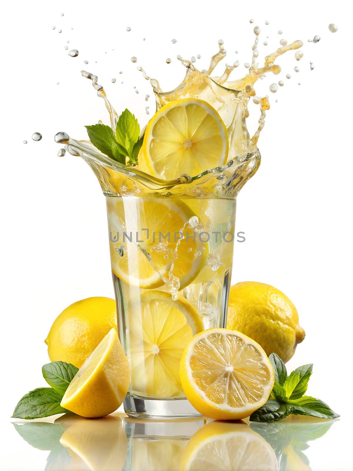 Glass of lemonade with slices of lemon and mint on white background. Lemonade splash. Ai generated by alenamoore