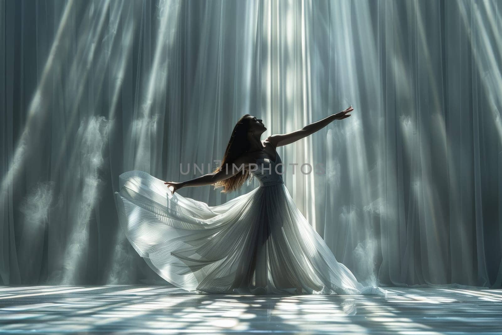 A woman in a white dress dances joyfully with water, azure, flash photography, entertainment, dance, performing arts, happy, boat, wind wave, and wind keywords