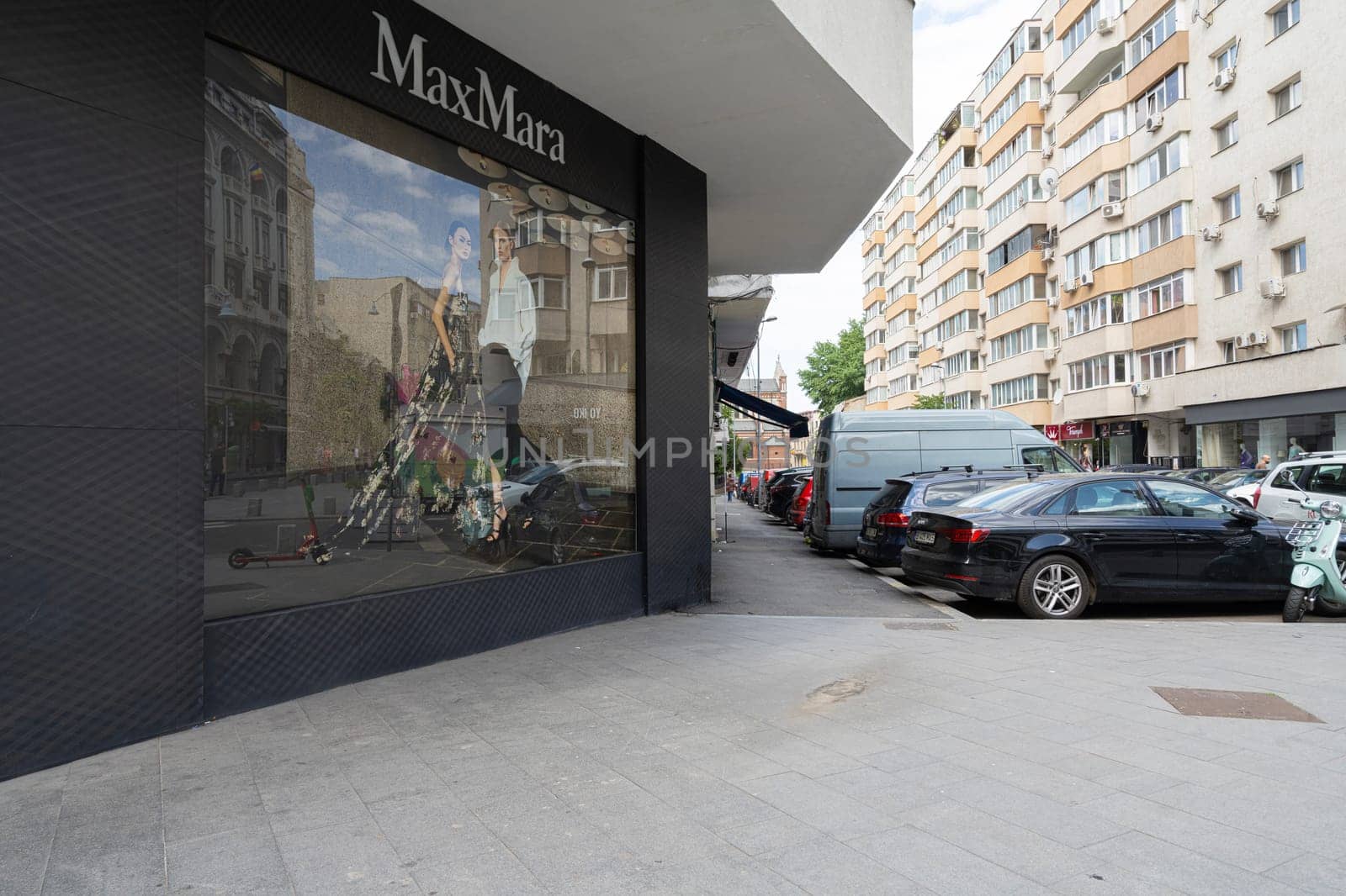 Bucharest, Romania. May 25, 2024. exterior view of the windows of MaxMara luxury brand shop in the city center