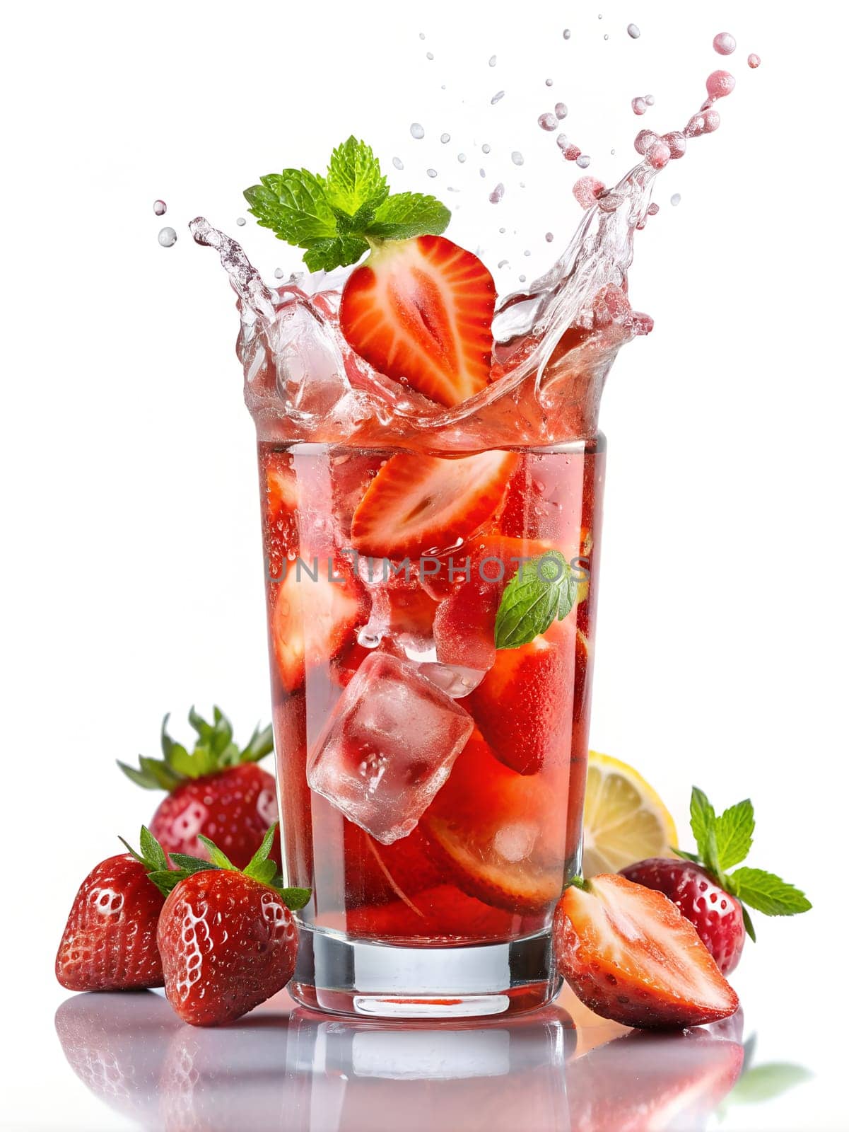 Iced strawberry lemonade with fresh mint and lemon in a glass on a white background. Lemonade splash. Ai generated by alenamoore