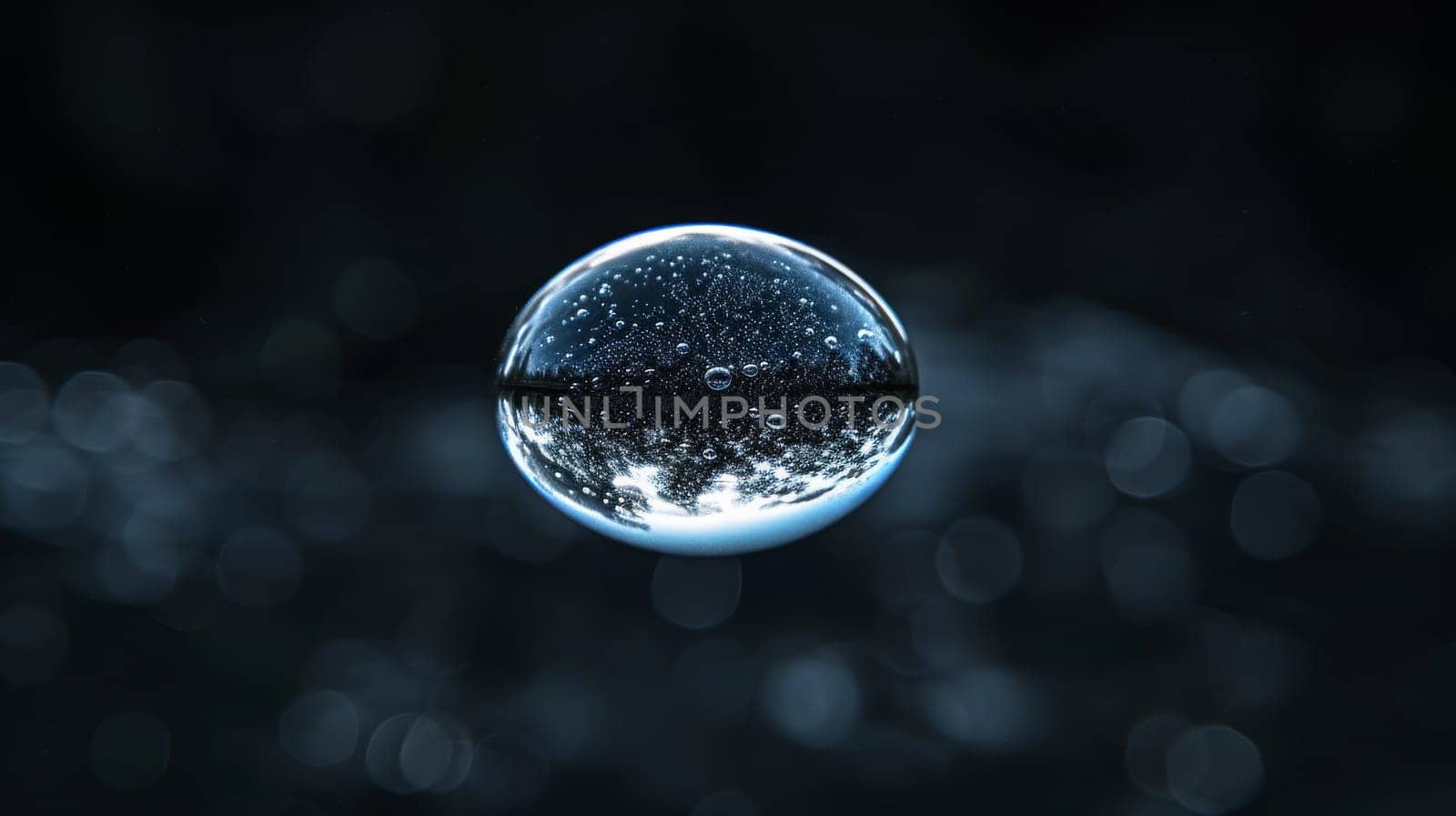 A close up of a clear bubble with many small bubbles surrounding it. The bubbles are all different sizes and are scattered around the main bubble. The image has a calm and serene mood