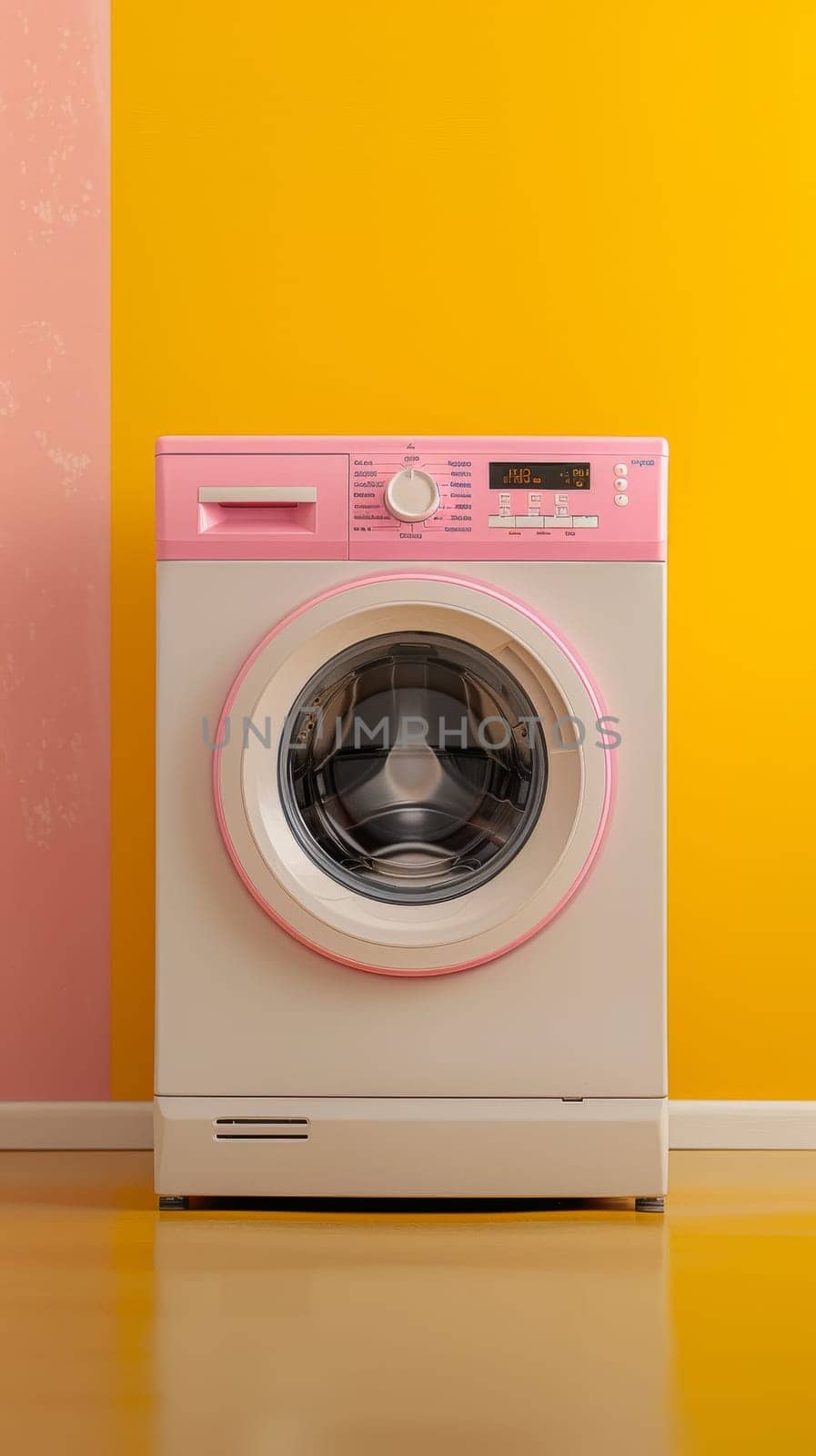 A pink washing machine is on a yellow background by itchaznong