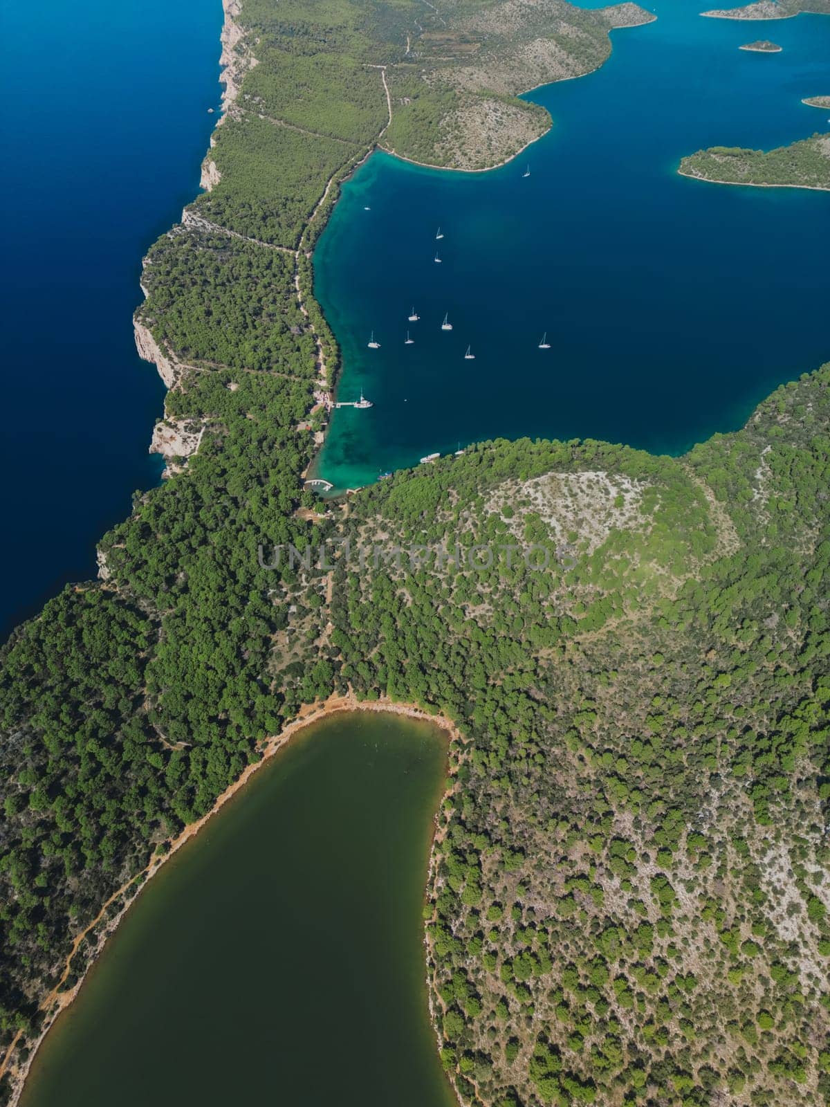 Drone view directly from above of Telascica bay and rocky peninsula in National Park, Croatia