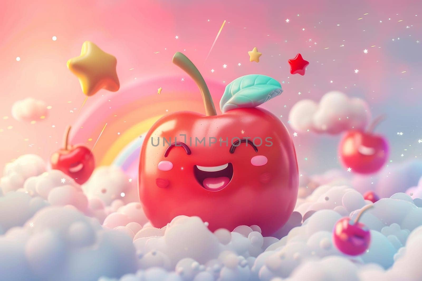 A smiling apple with a leaf on top is sitting on a cloud. The apple is covered in glitter, giving it a magical and whimsical appearance. Concept of wonder and joy, as if the apple is a playful