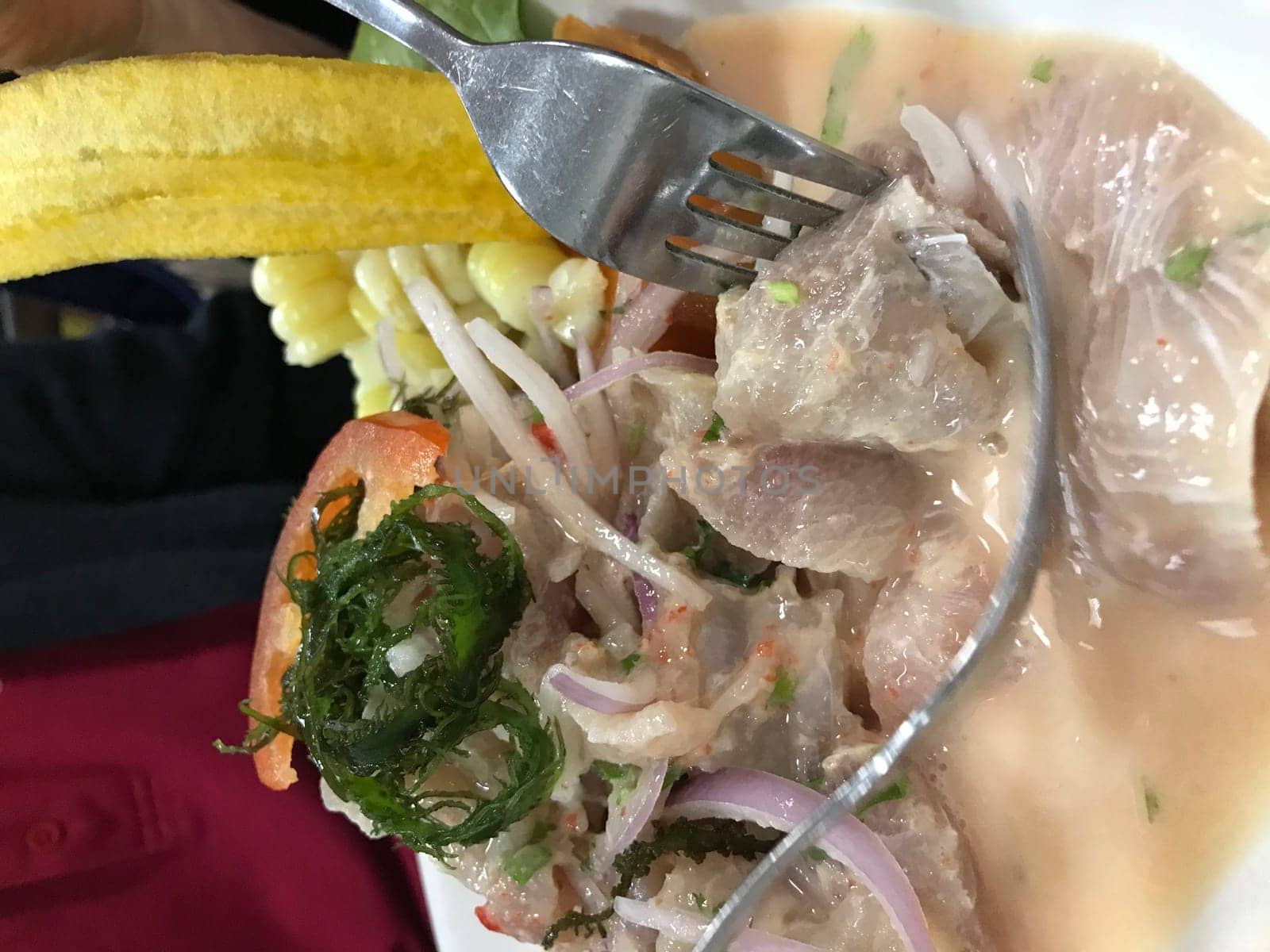 Close-up of a traditional peruvian ceviche dish with marinated seafood. Fresh corn. Onion. Tomato. Lime juice. And slices of sweet potato