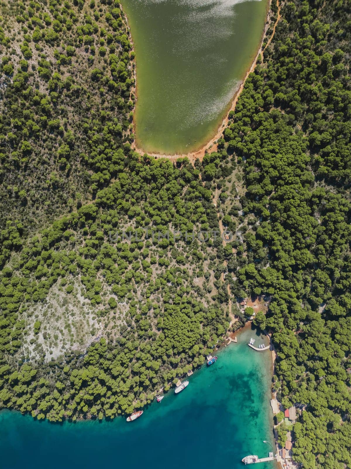 Drone view of evergreen forest, green water lake and blue sea in Dugi Otok island, Telascica National Park, Croatia