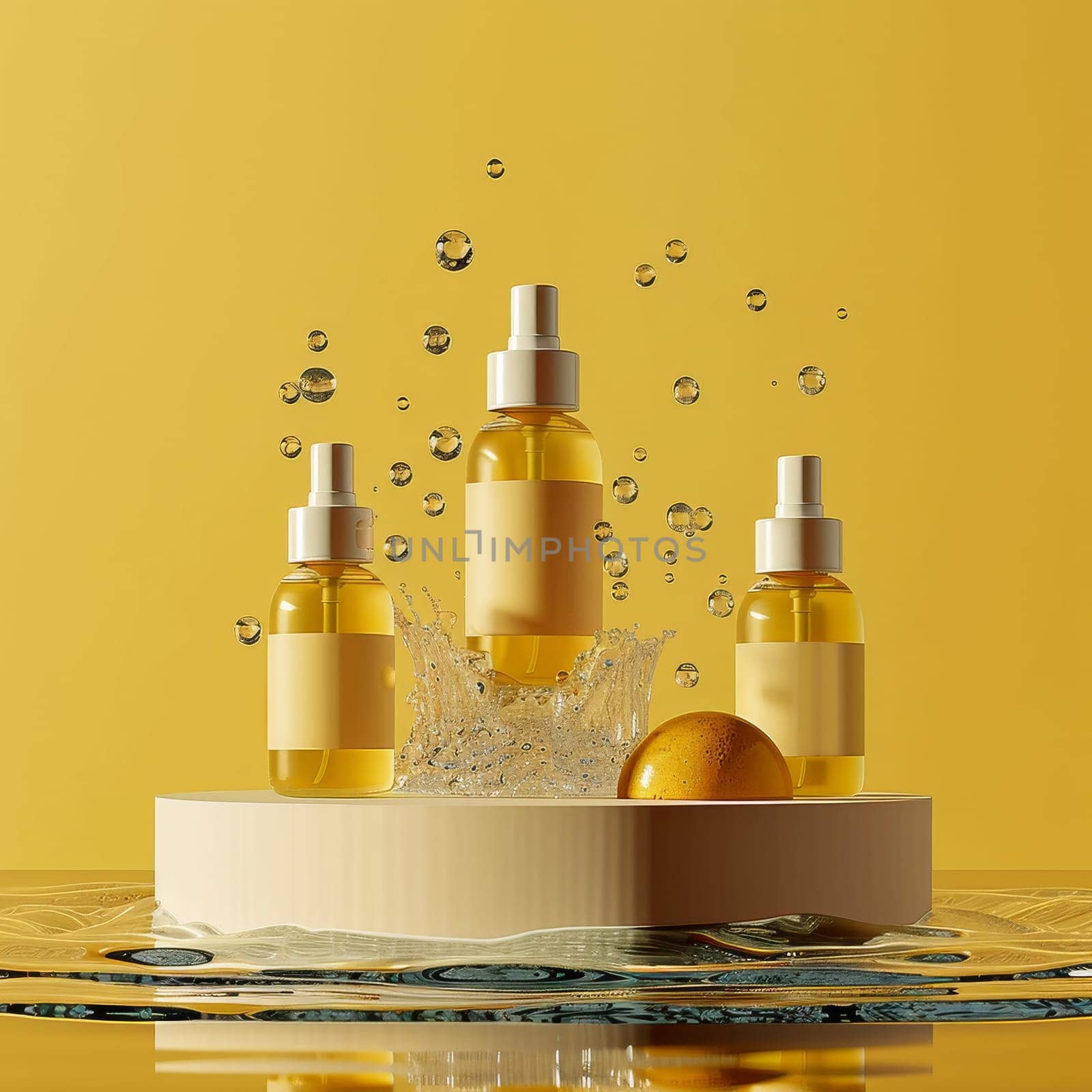 Three bottles of perfume are floating in a pool of water. The bottles are placed on a pedestal, and the water is splashing around them. The scene gives off a sense of luxury and relaxation