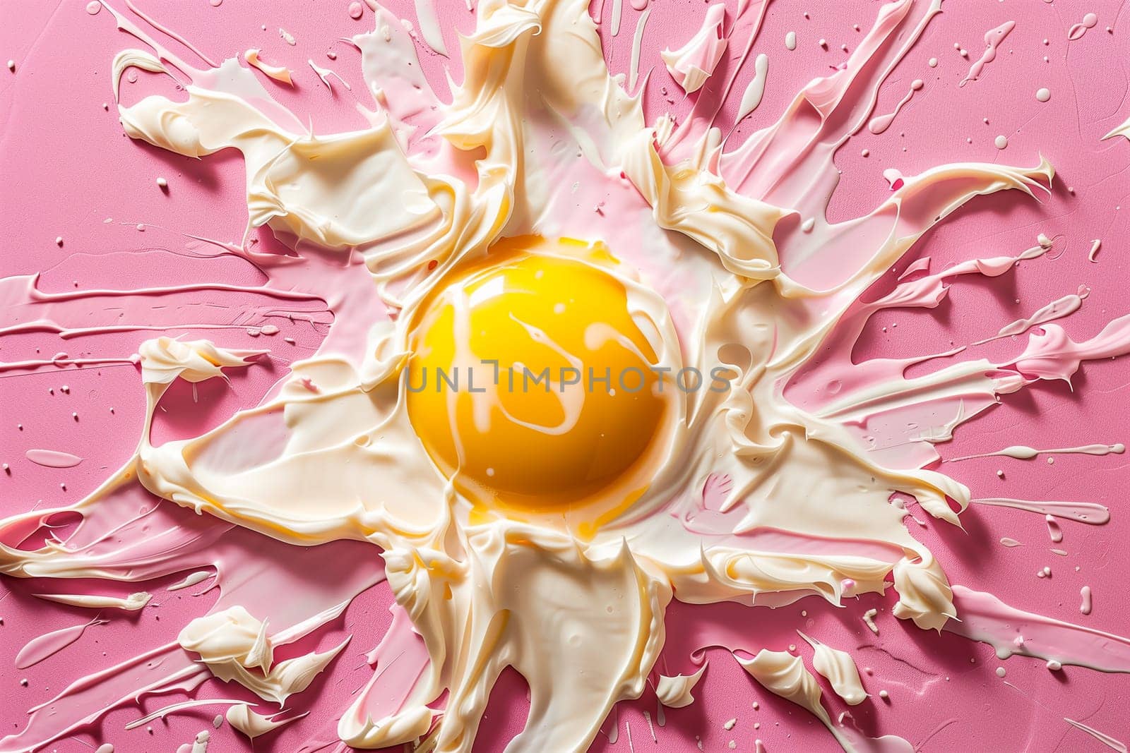 A single egg yolk sits in a white egg white that has spilled out on a pink surface.