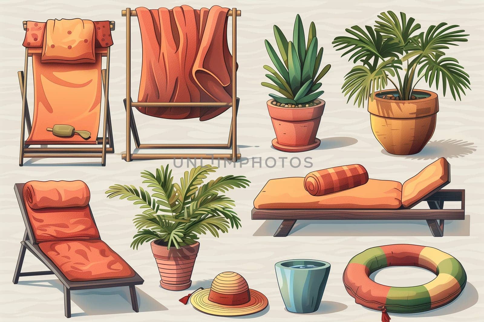 A digital illustration of a comfortable lounge chair with pillows and towels, surrounded by tropical plants, a pool float, sandals, and a straw hat.