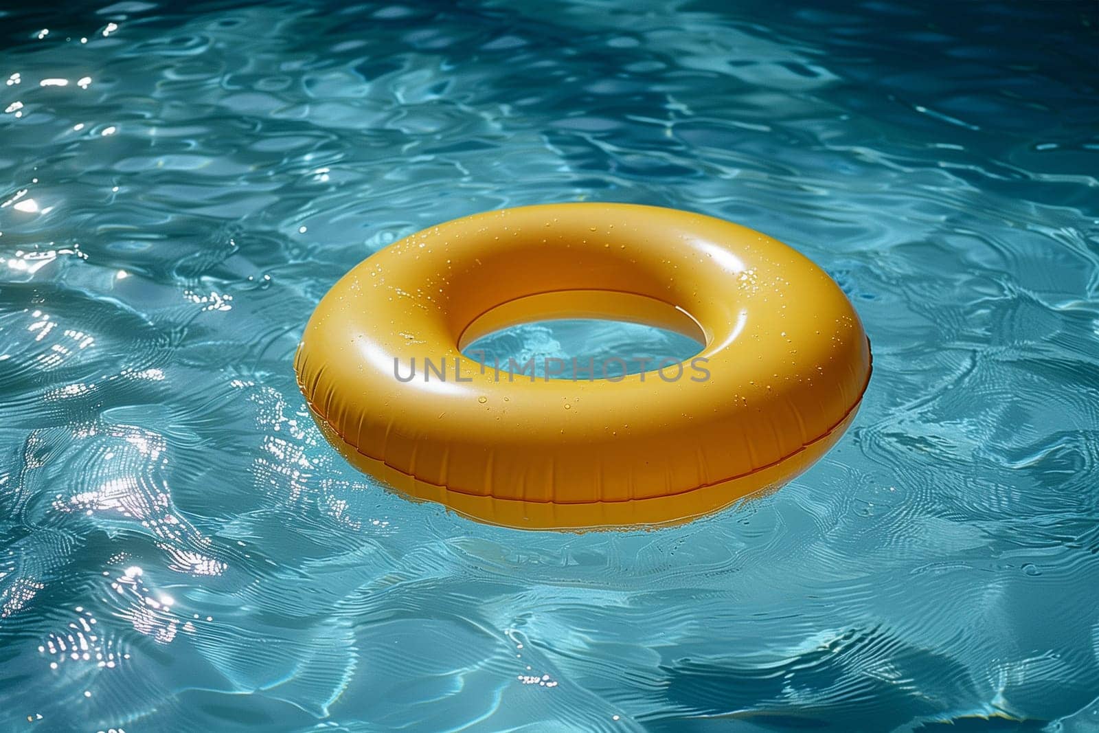 A yellow inflatable ring floats in a pool of water, a sign of summer fun and relaxation.