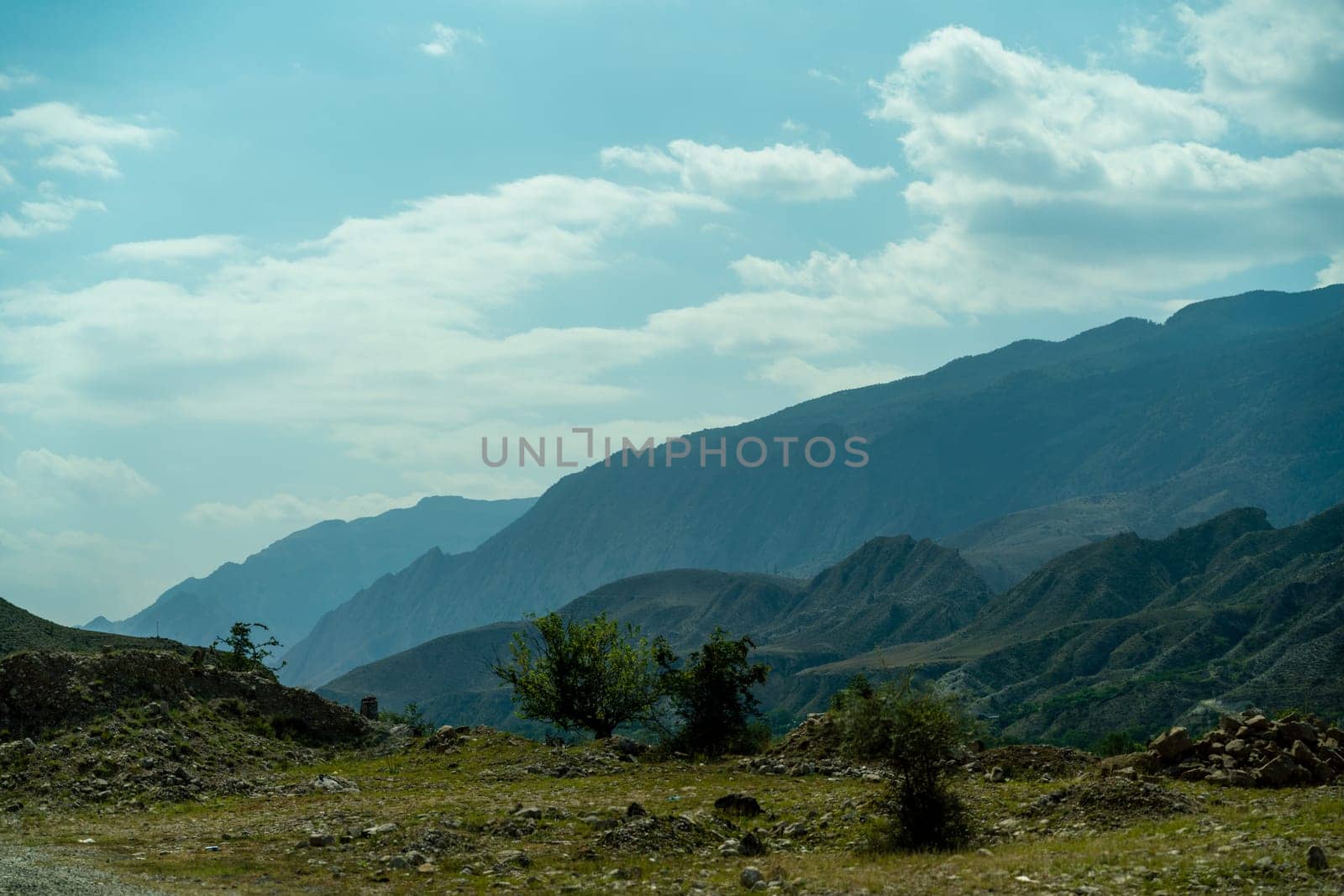 Caucasian mountain Dagestan. Trees, rocks, mountains, view of the green mountains. Beautiful summer landscape