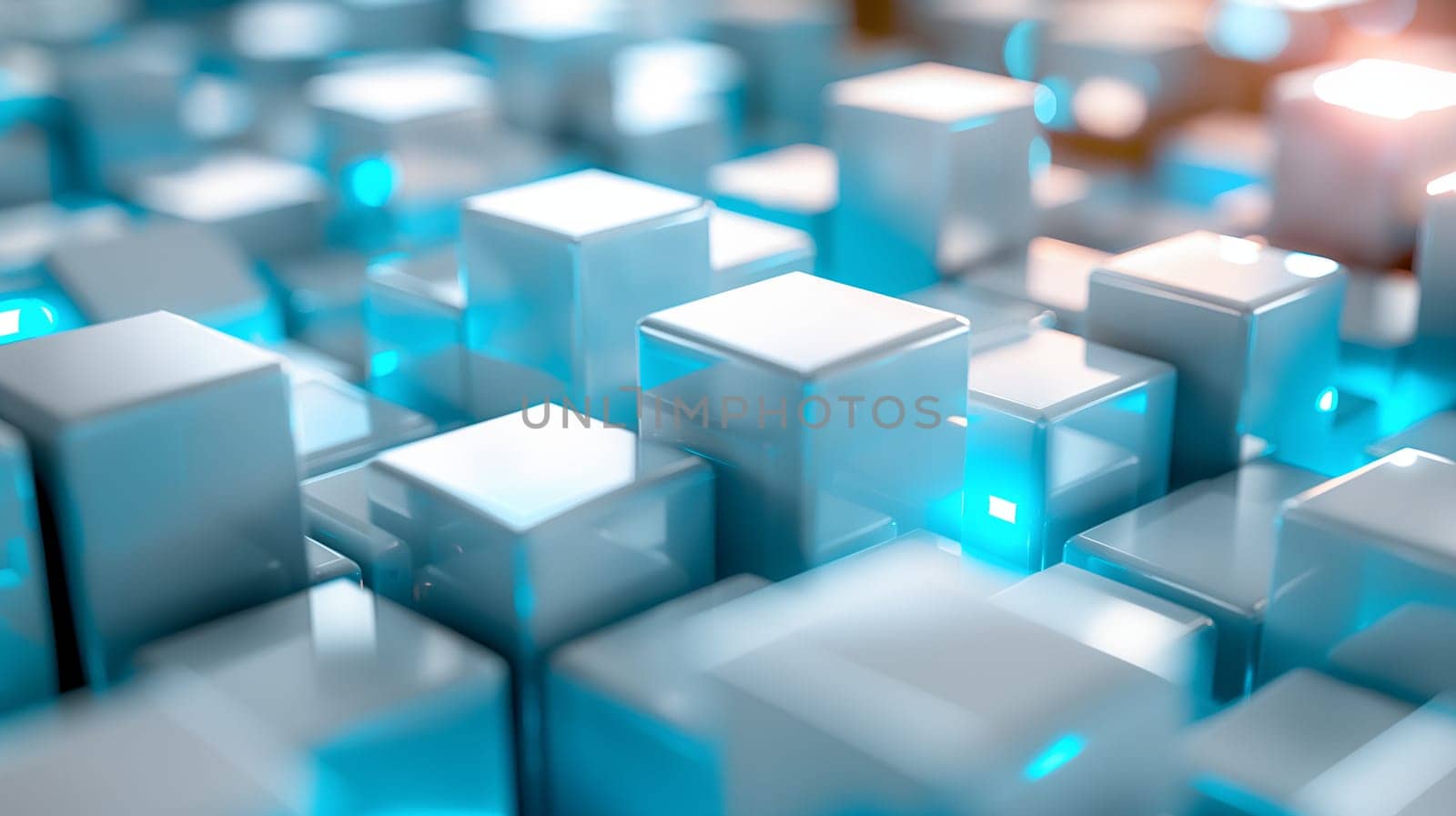 A close-up view showcasing a pattern of metallic cubes illuminated with a blue glow, suggesting a futuristic or technological theme - Generative AI