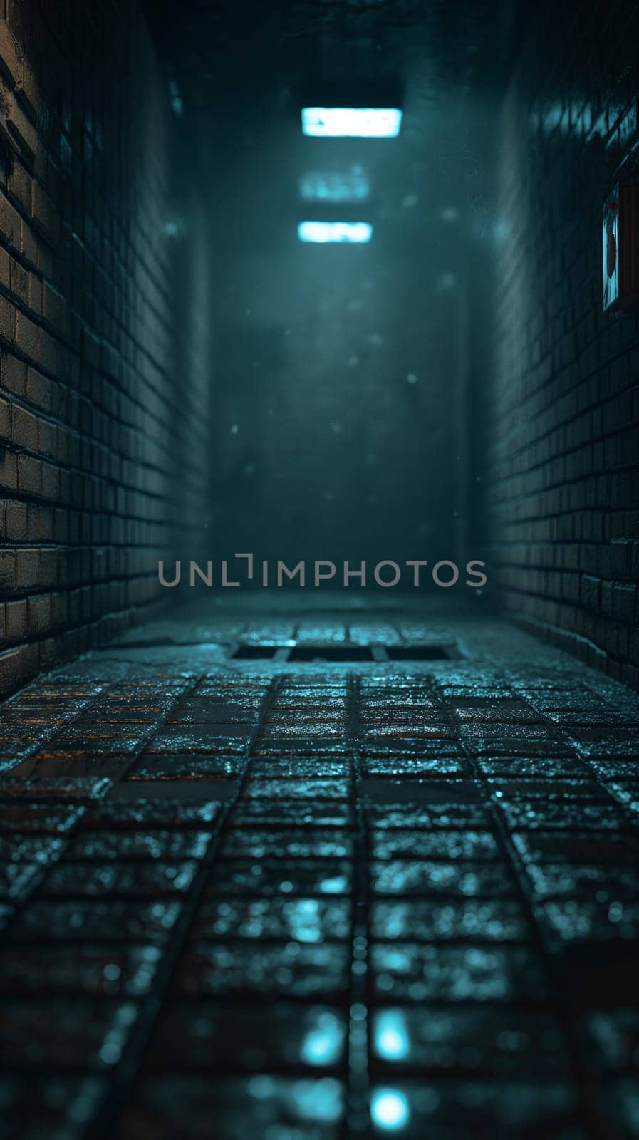 A cobblestone path leads through a narrow alleyway, illuminated by the soft glow of moonlight filtering in, creating a mysterious atmosphere - Generative AI