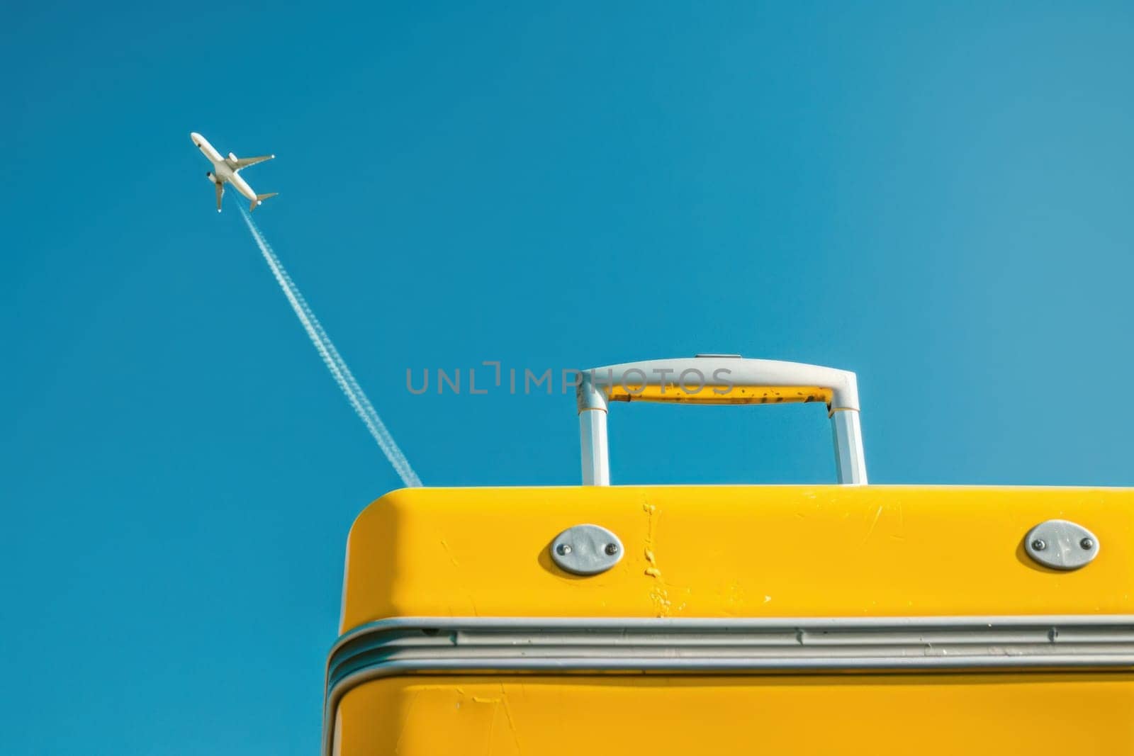 Air travel adventure bright yellow suitcase with jet plane flying in clear blue sky