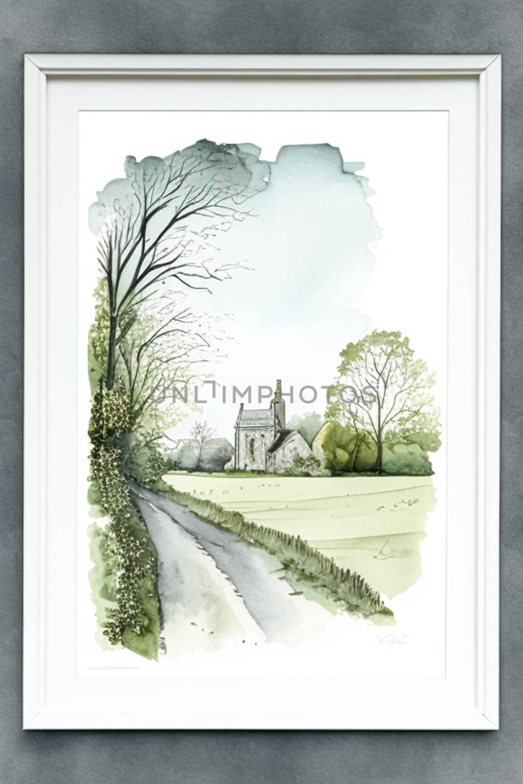 Beautifully framed watercolour painting of the English countryside nature, interior design and home decor by Anneleven