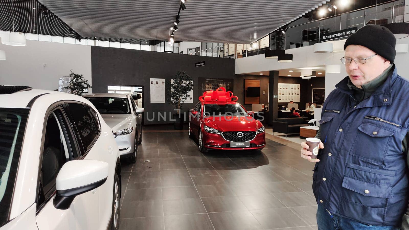 Cheboksary, Russia - March 20, 2023: Cars in showroom of dealership Mazda