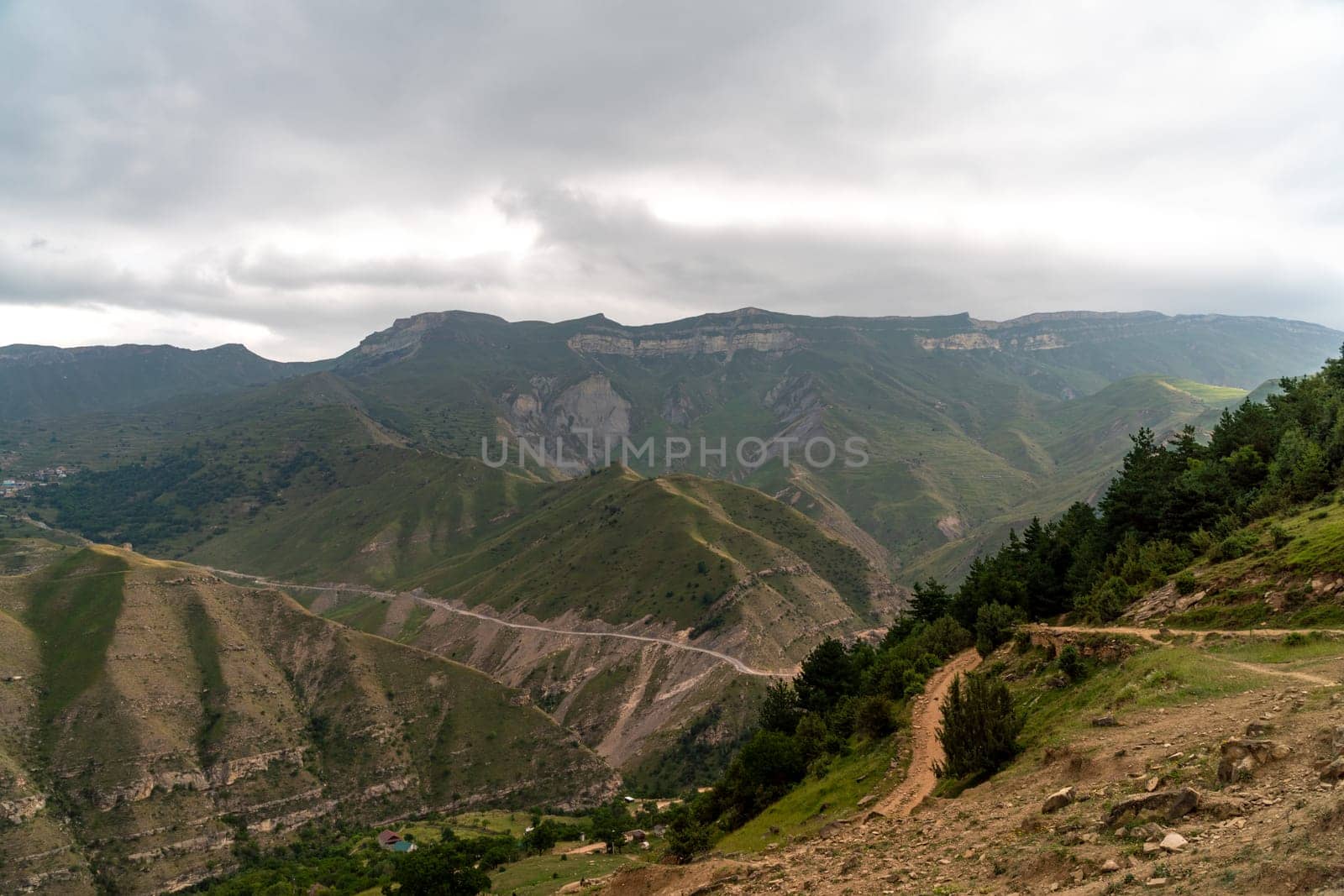 Caucasian mountain. Dagestan. Trees, rocks, mountains, view of the green mountains. Beautiful summer landscape