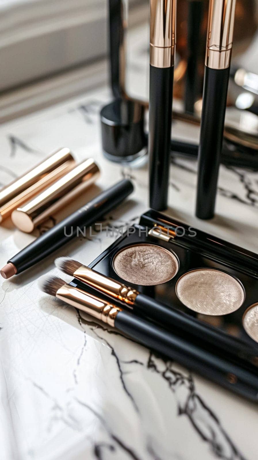 Make-up cosmetic product, beauty products and cosmetics swatch sample flatlay, various makeup brand tools as glamour fashion night out background by Anneleven