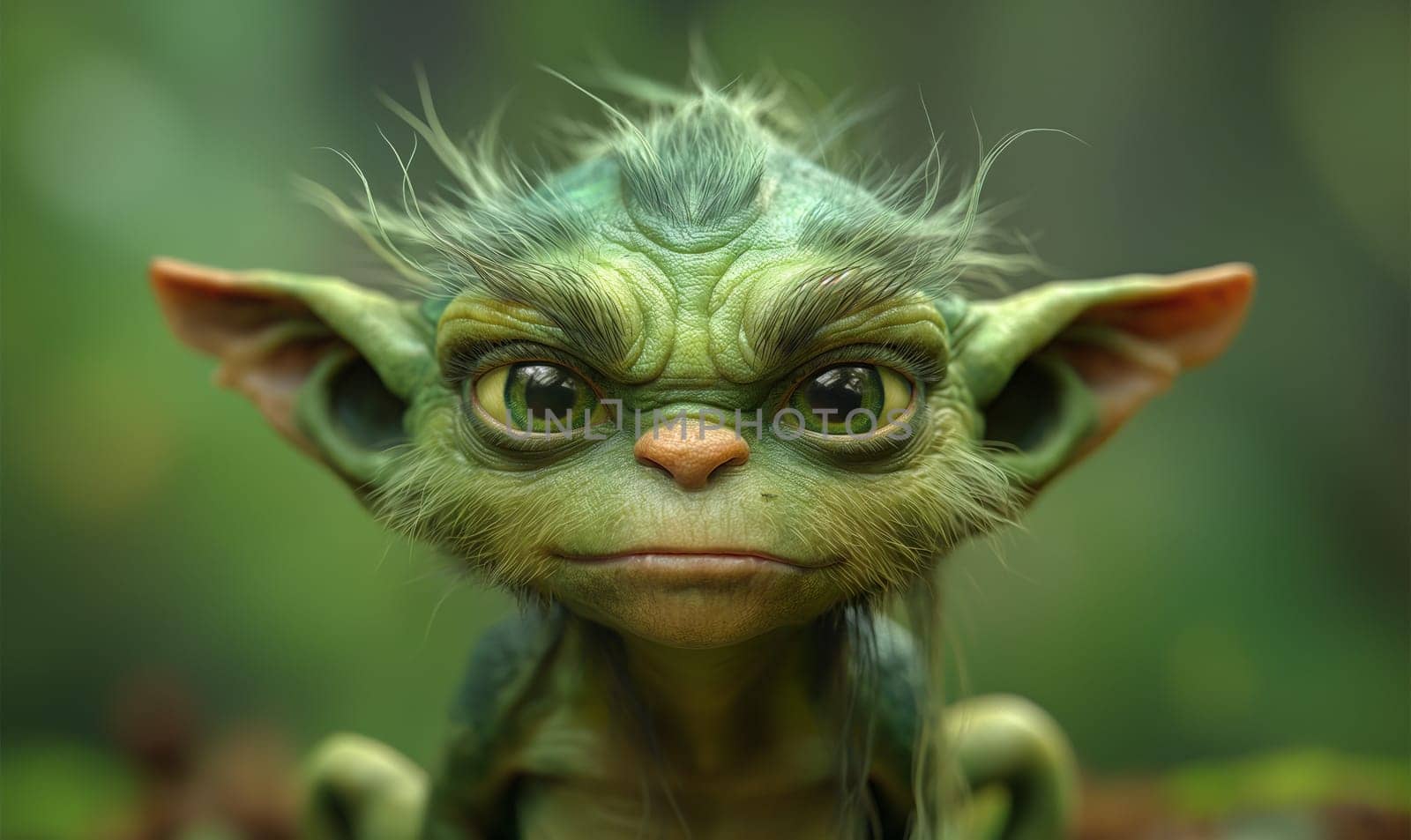 3D, cartoon goblin in the forest, close-up. by Fischeron