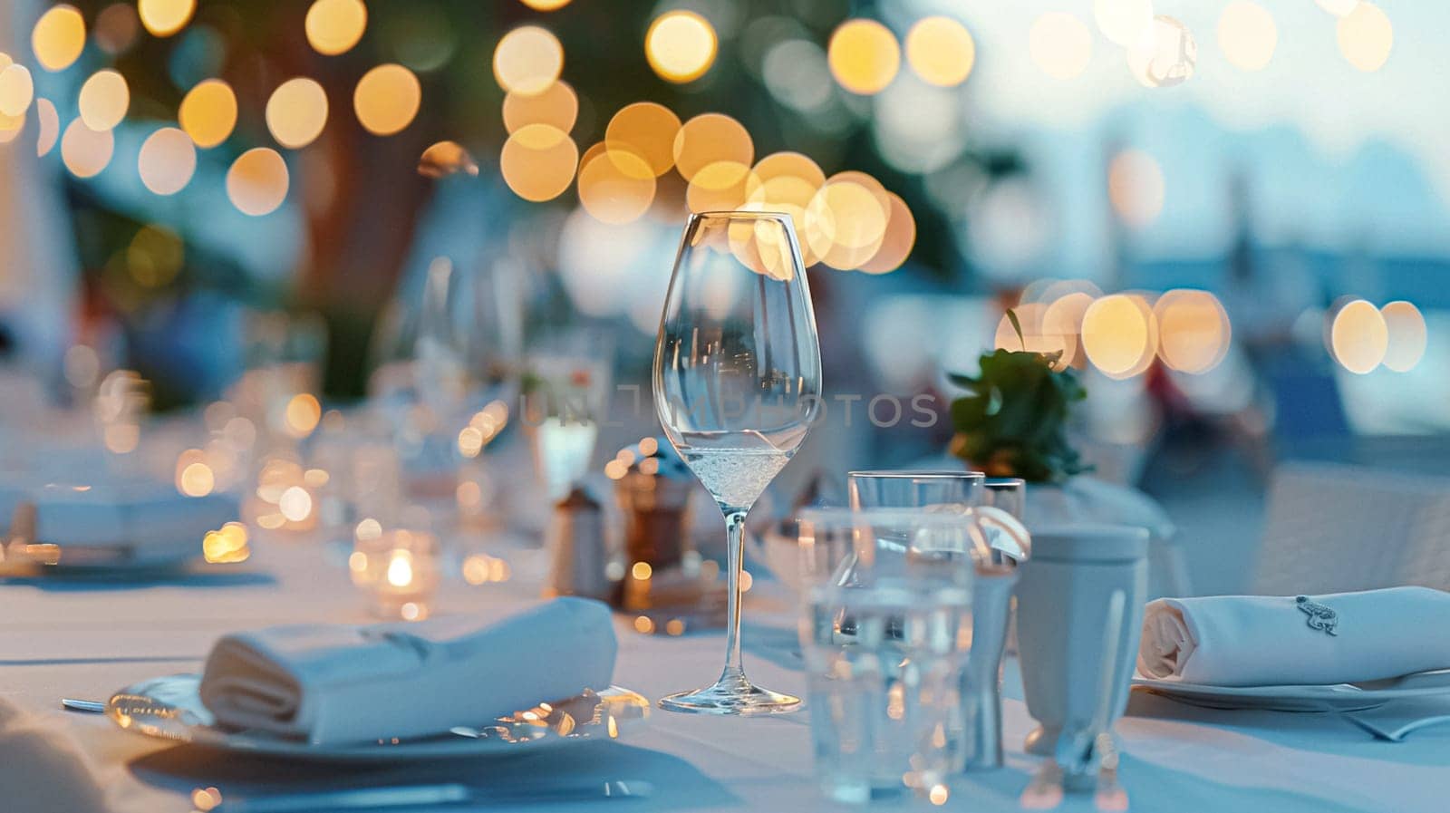 Coastal restaurant dinner, dining at sunset and a beautifully set table, softly blurred, romantic atmosphere with bokeh lights and a hint of the ocean, intimate celebration and a serene seaside view by Anneleven