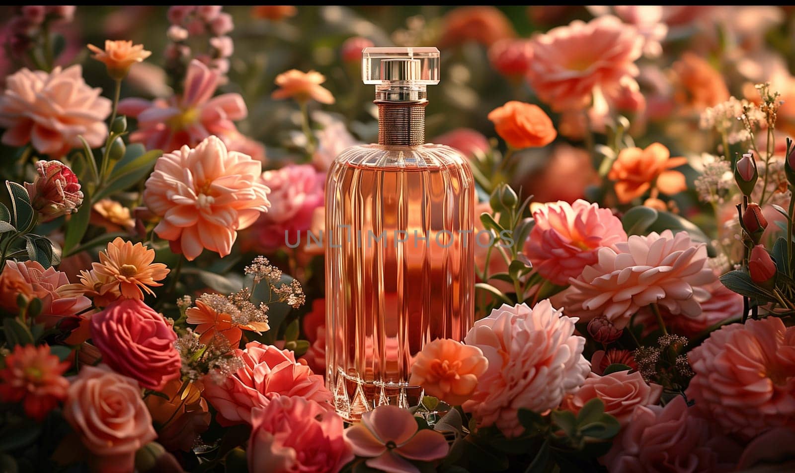 Elegant perfume bottle among flowers in retro style. Selective focus.