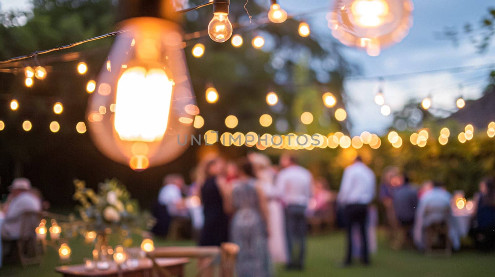 Outdoor wedding reception, warm glow of the lights creates a magical atmosphere as guests gather, the background is blurred, joyful ambiance of the celebration, romantic and festive evening wedding celebration by Anneleven