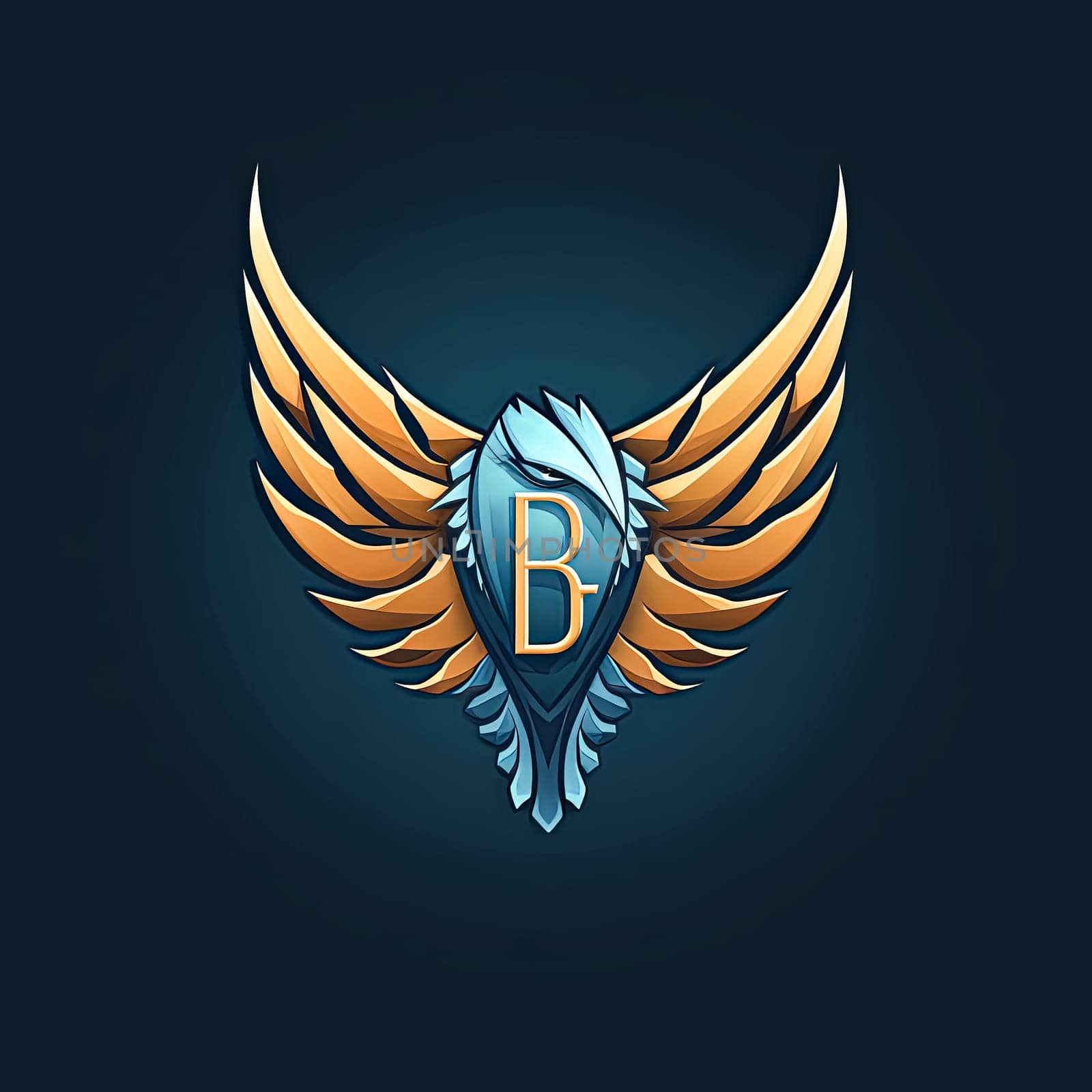 A blue and gold bird logo with the letter B on it. The logo is designed to look like a bird with wings and a shield