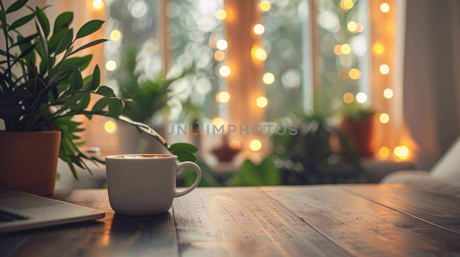 A minimalist home office with a simple desk and a cup of coffee with delicate bokeh lights in the background.
