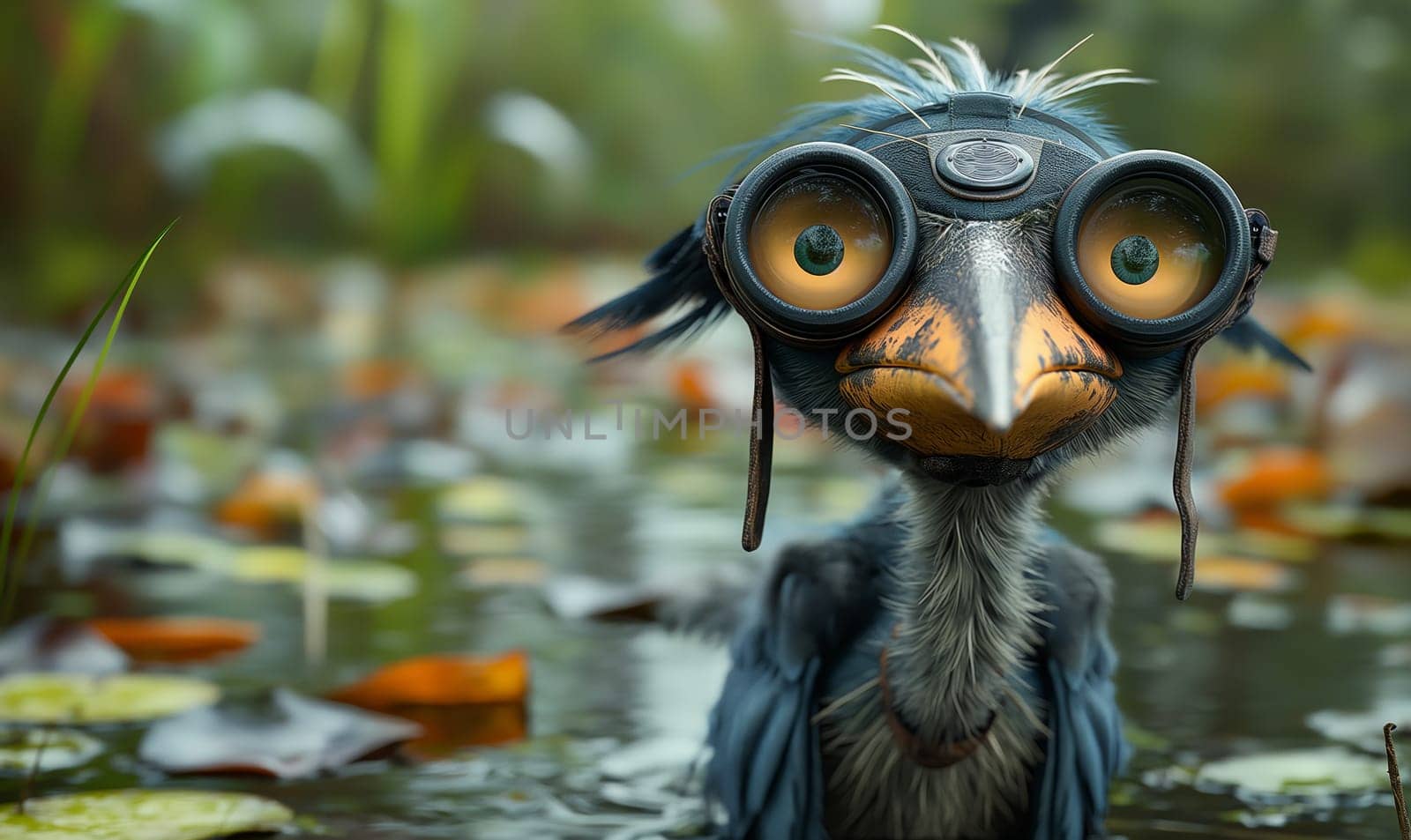 3D cartoon, a heron wearing big glasses walks through a swamp. Selective focus