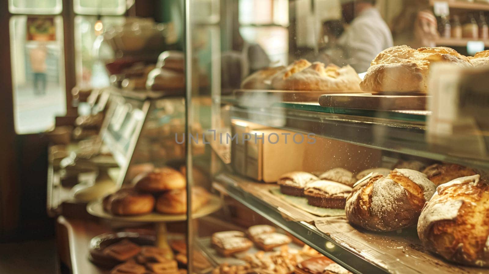 Bakery with baked bread, variety of bread loaves, rolls, and baguettes displayed in baskets and on wooden shelves in the English countryside village by Anneleven