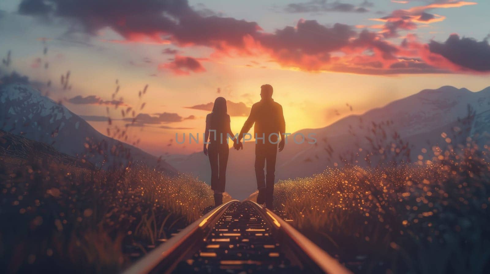 Traveling into the sunset a man and woman walking on railroad tracks with mountains in background
