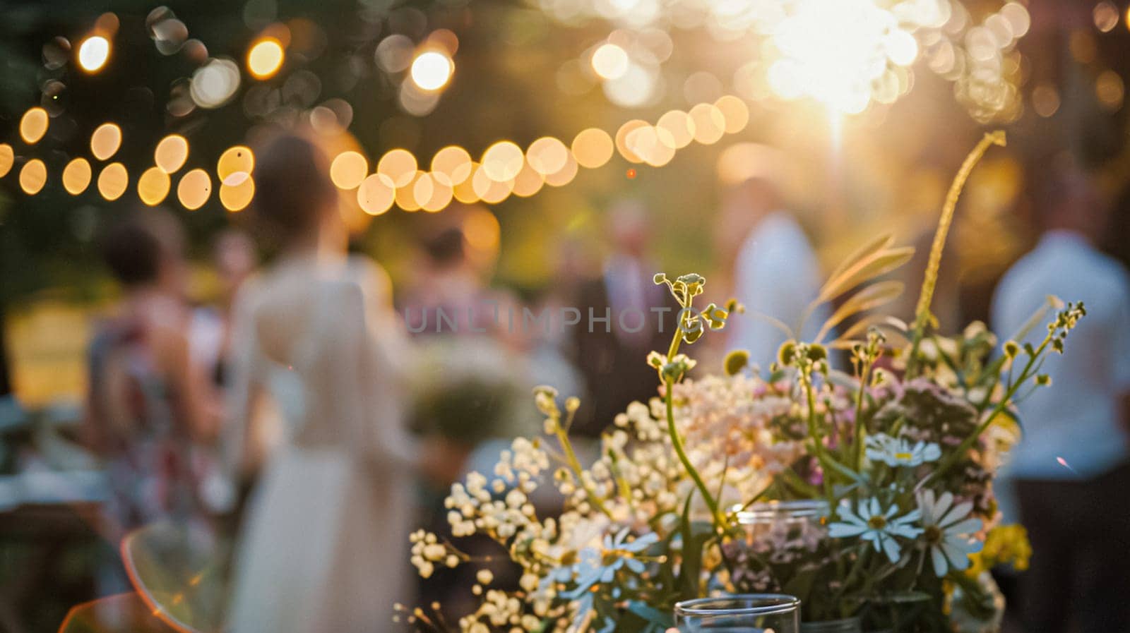 Outdoor wedding reception, warm glow of the lights creates a magical atmosphere as guests gather, the background is slightly blurred, joyful ambiance of the celebration, romantic and festive evening wedding celebration