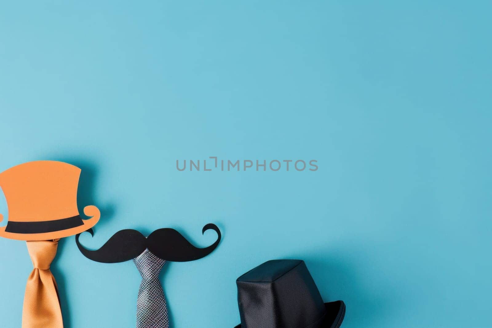 Stylish hats, tie, mustache and top hat copy paper cutout on blue background for fashion and travel theme by Vichizh