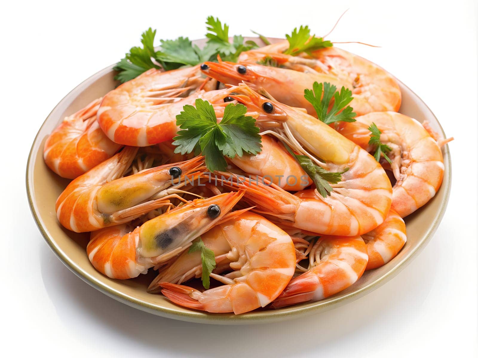 Pile of boiled shrimps on the plate on white background. Ai generated by alenamoore