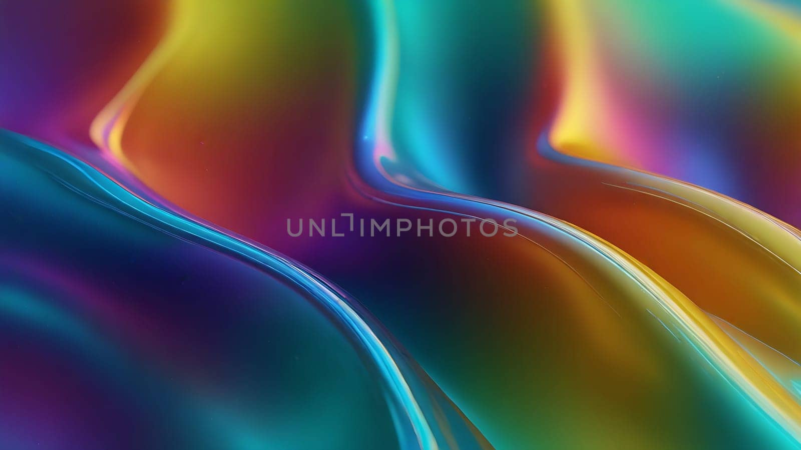 Abstract holographic iridescent green, purple and yellow liquid metal texture background. Colorful abstract gleaming fluid material.