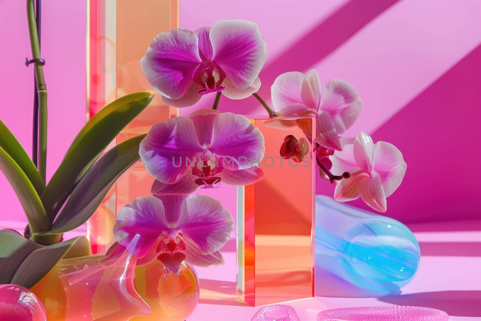 Exquisite orchid arrangement on table with water vase for home decoration and beauty enhancement