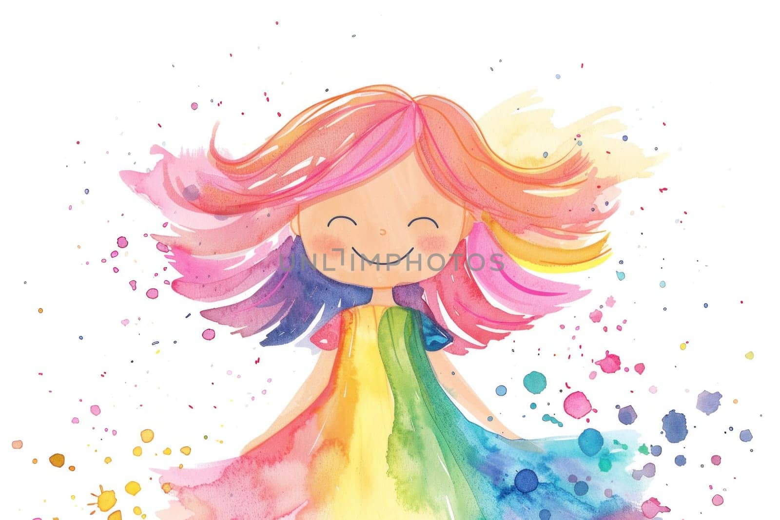 Portrait of cheerful little girl in colorful dress with rainbow hair and smiling face, watercolor illustration for fashion and beauty concept art by Vichizh