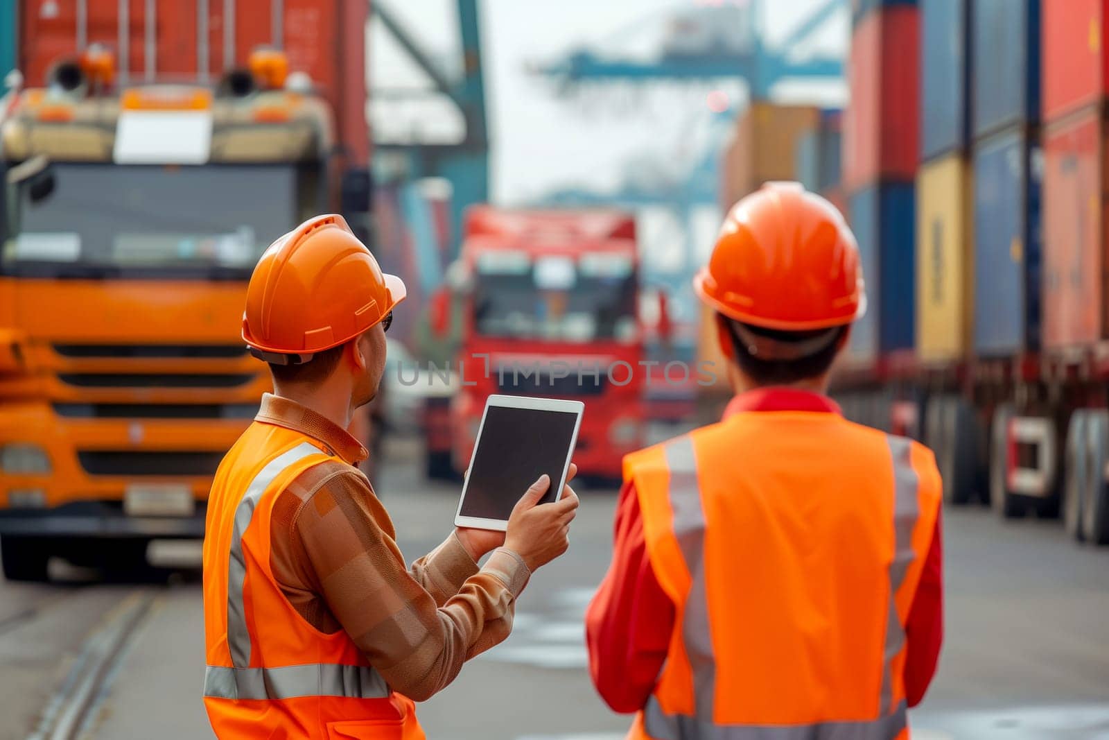 Engineer wearing uniform inspection and see detail on tablet with logistics container .transport logistic import export concept..