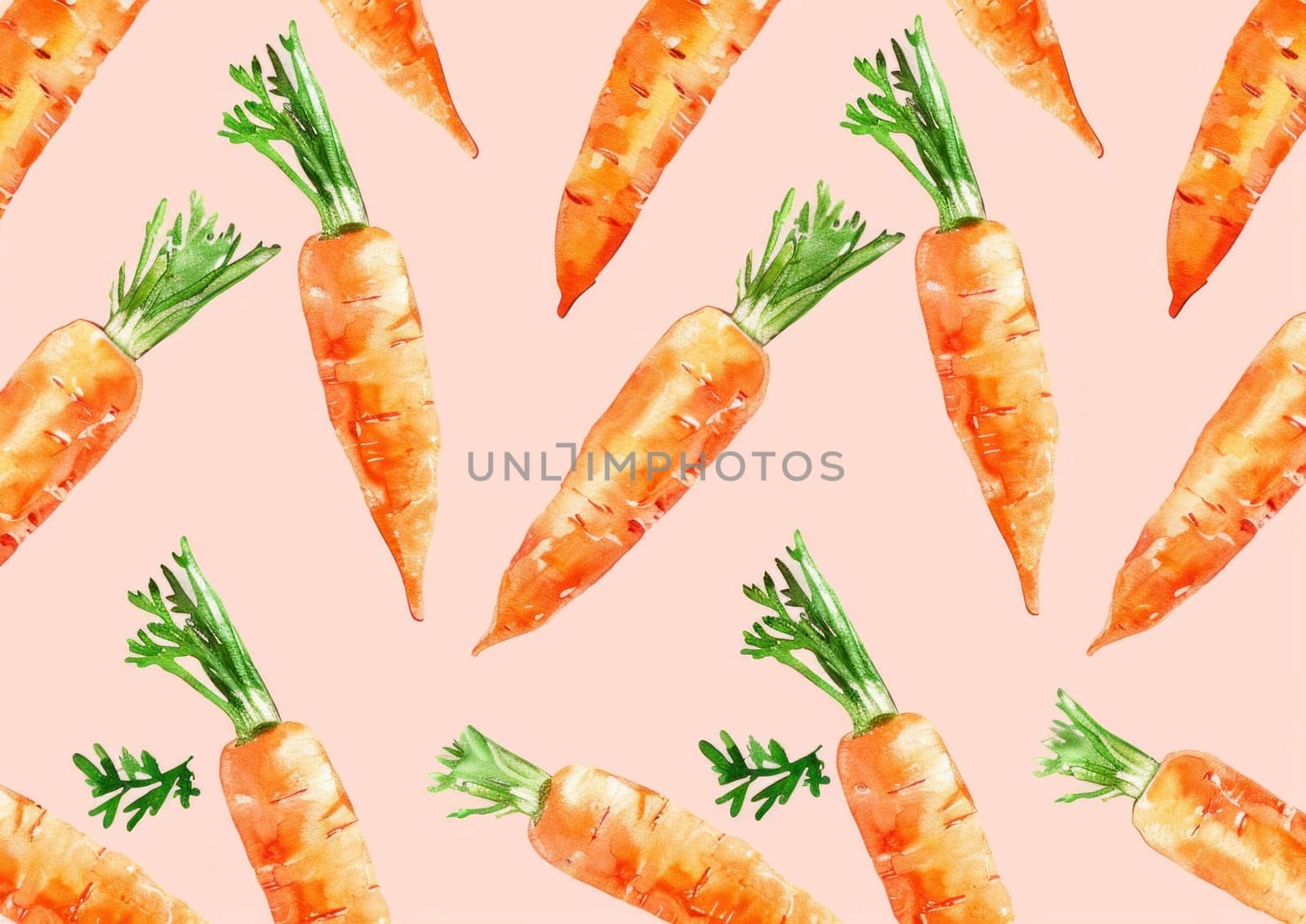 Watercolor seamless pattern of carrots on pink background for food and kitchen design, healthy eating concept
