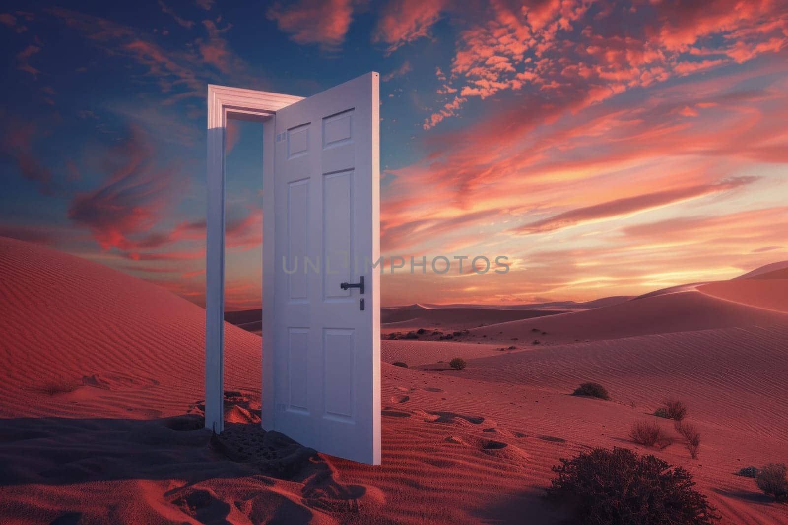 Mysterious open door in the desert with sand dunes in the background for travel and adventure concept by Vichizh